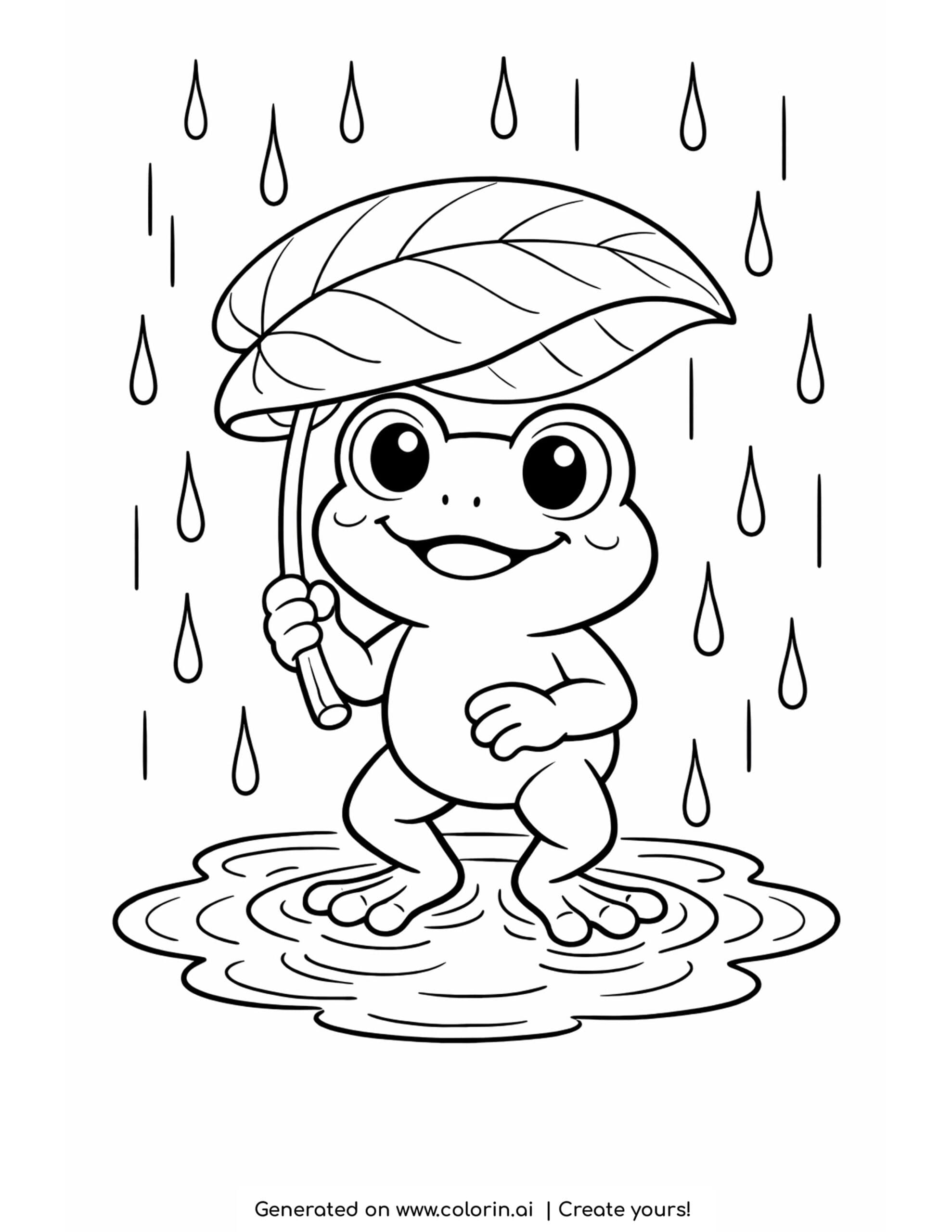 frog holding leaf umbrella coloring page standing in rain with puddle