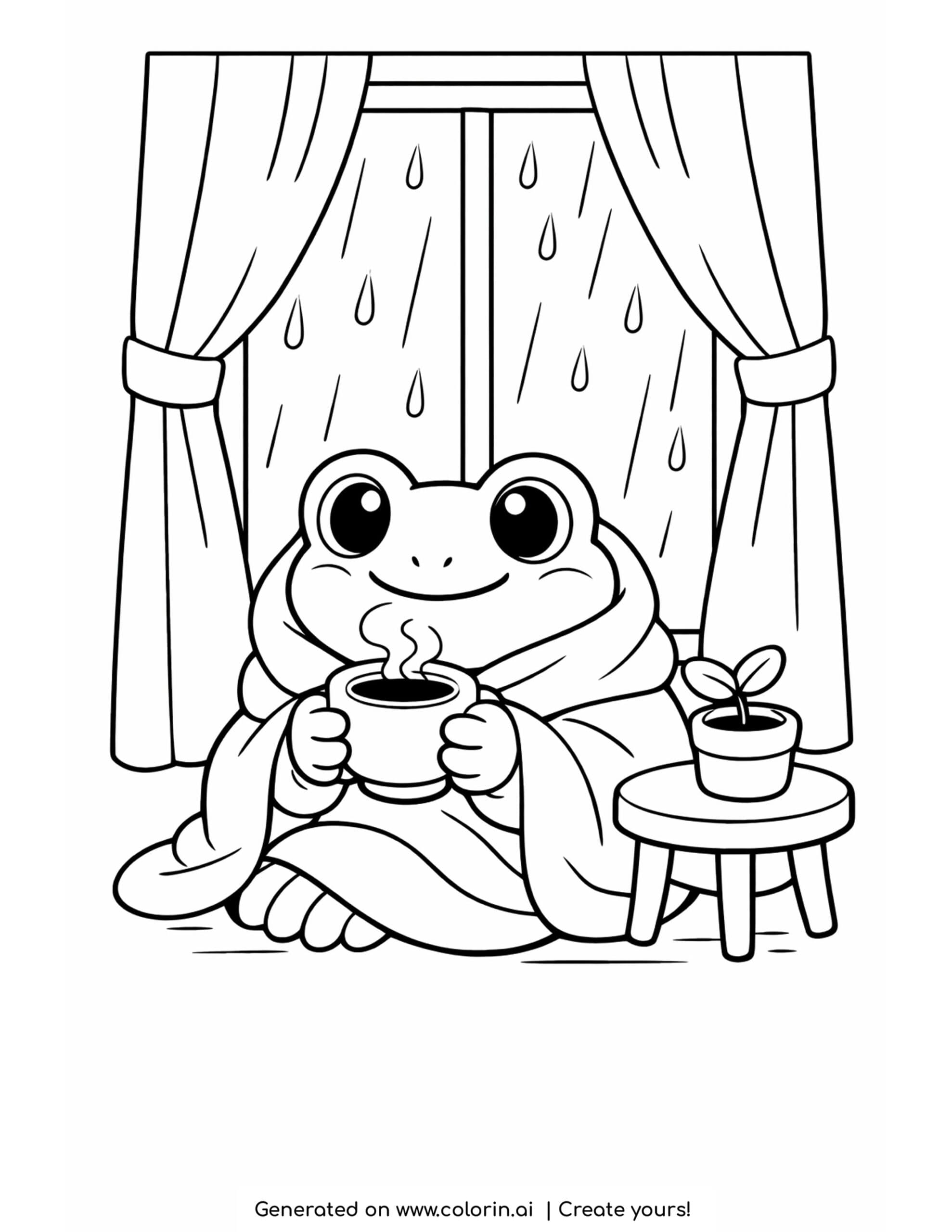 frog holding teacup by window coloring page cozy frog with blanket and rainy window scene