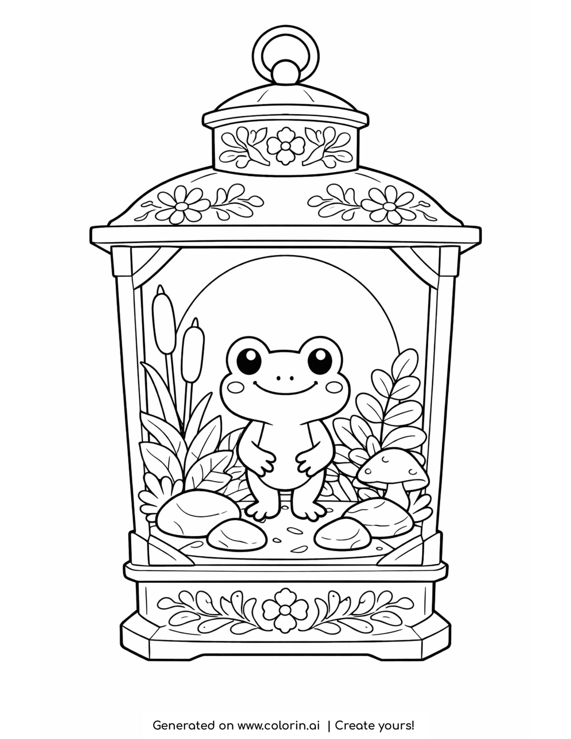 frog inside decorative lantern coloring page with plants rocks and floral details