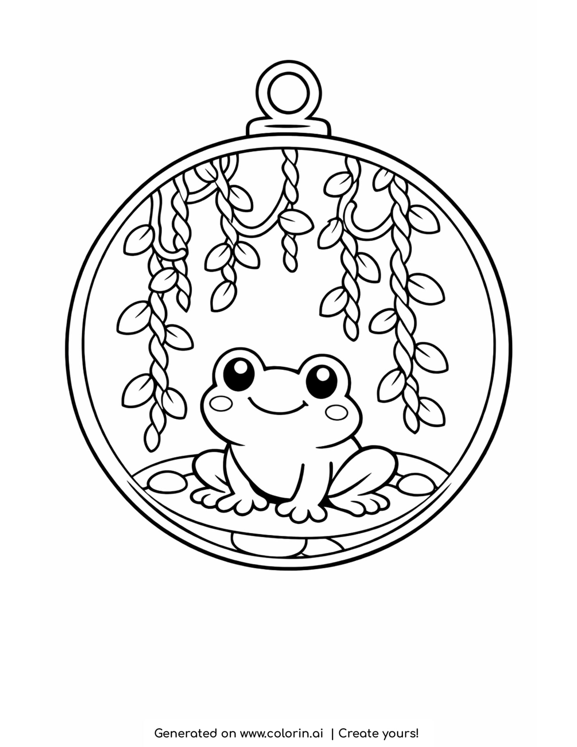 frog inside a hanging glass terrarium with vines coloring page