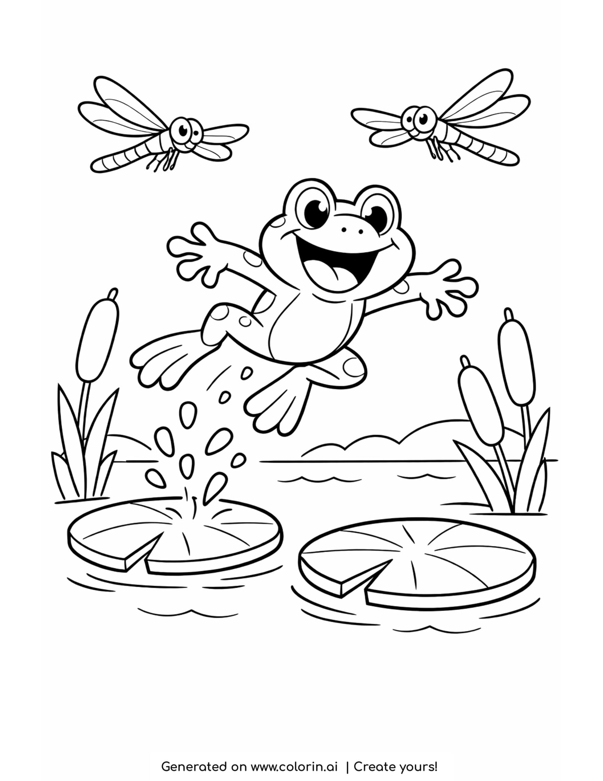 frog jumping between lily pads coloring page with dragonflies and water splashes