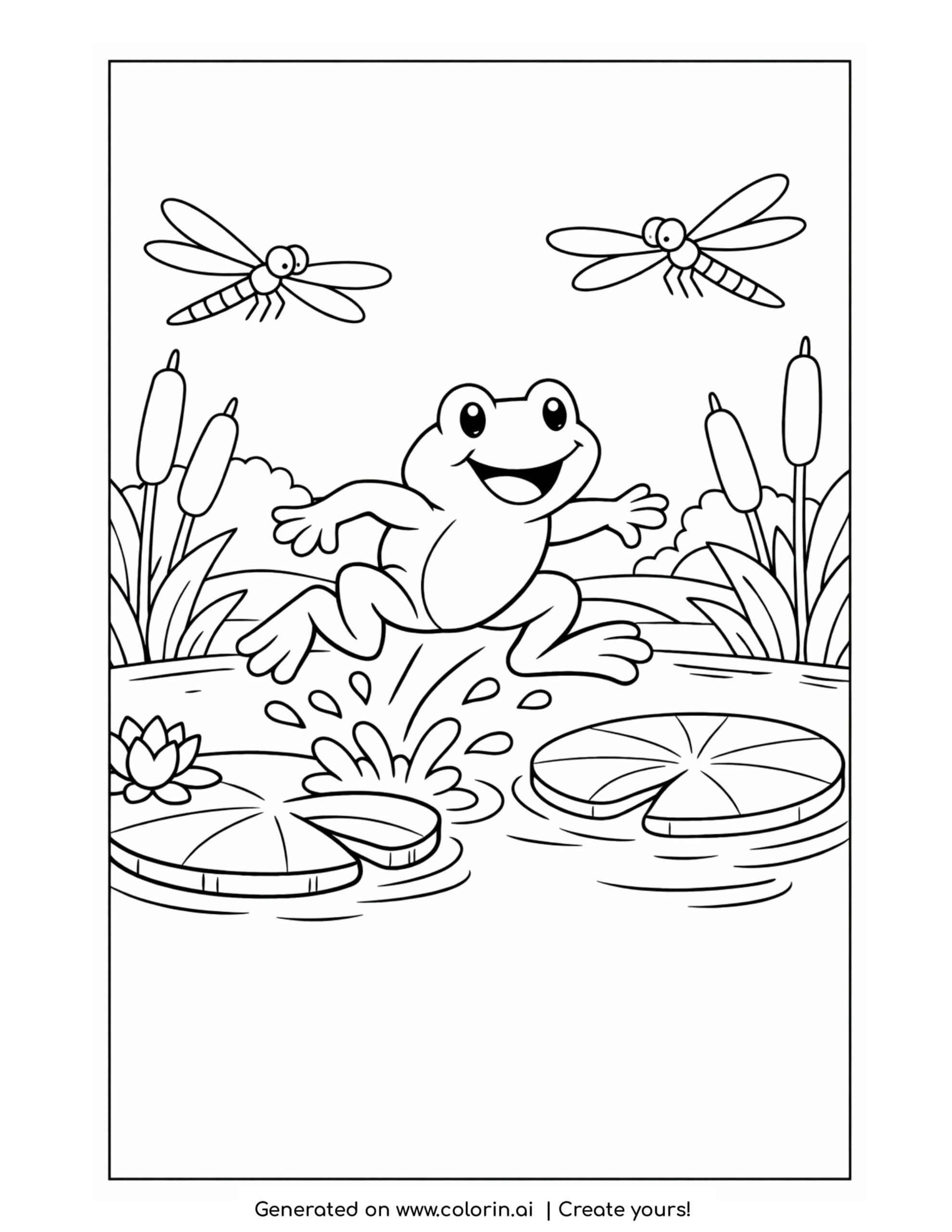 frog jumping between lily pads coloring page with pond and dragonflies