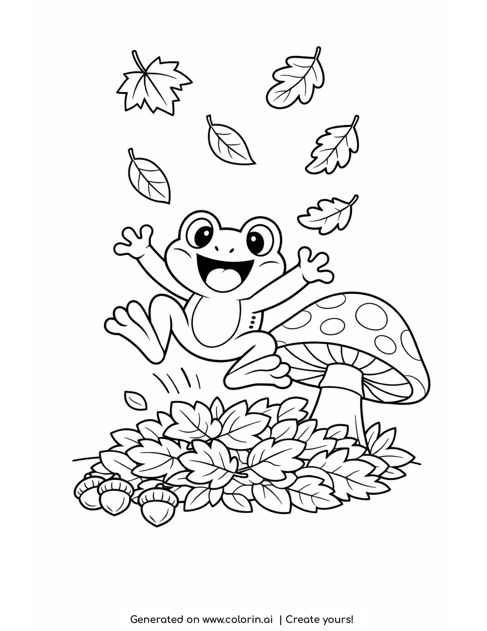 frog jumping into autumn leaves coloring page with mushroom and falling leaves