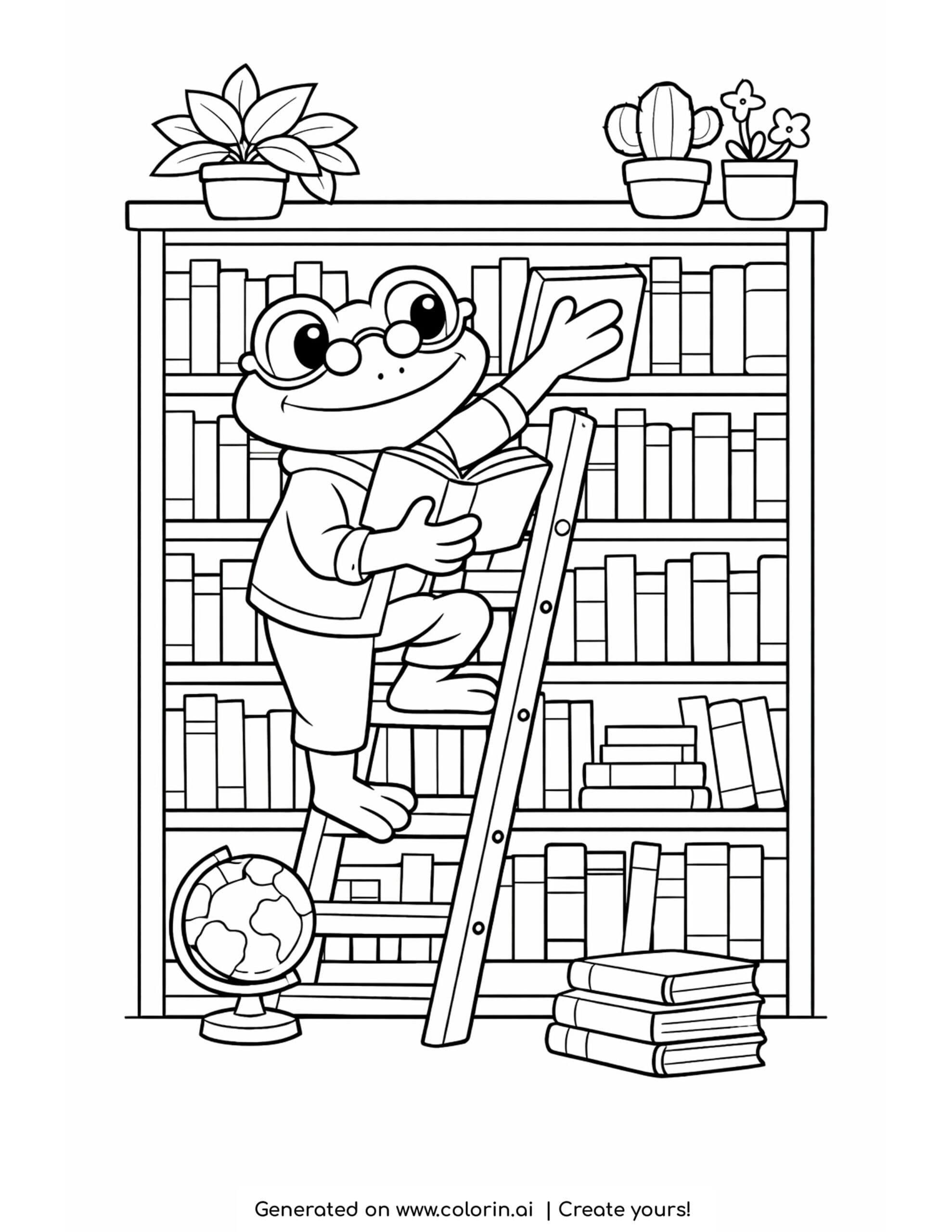 frog librarian organizing books coloring page with ladder bookshelf and plants coloring page
