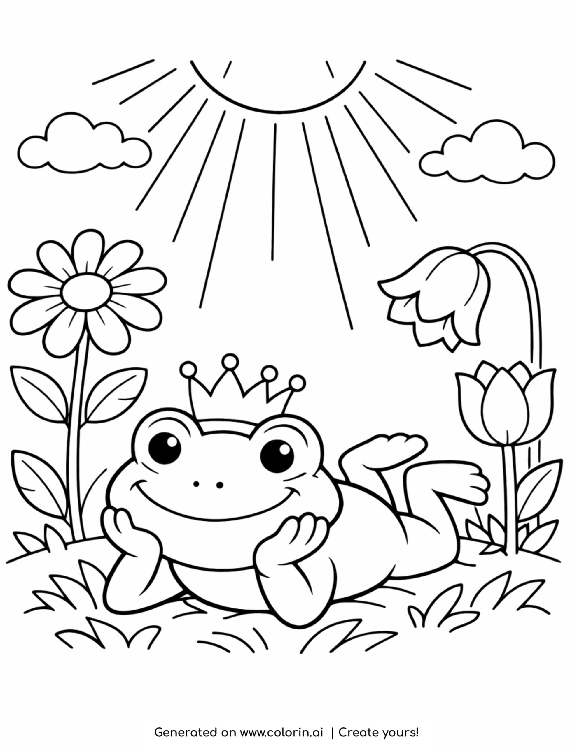 frog lying on grass with flowers coloring page with sun and clouds