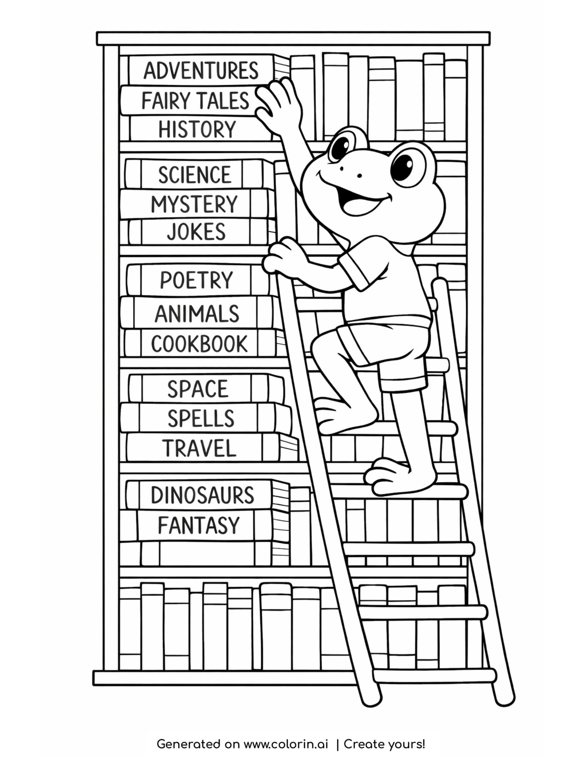 frog organizing books on tall bookshelf coloring page with ladder and stacked books