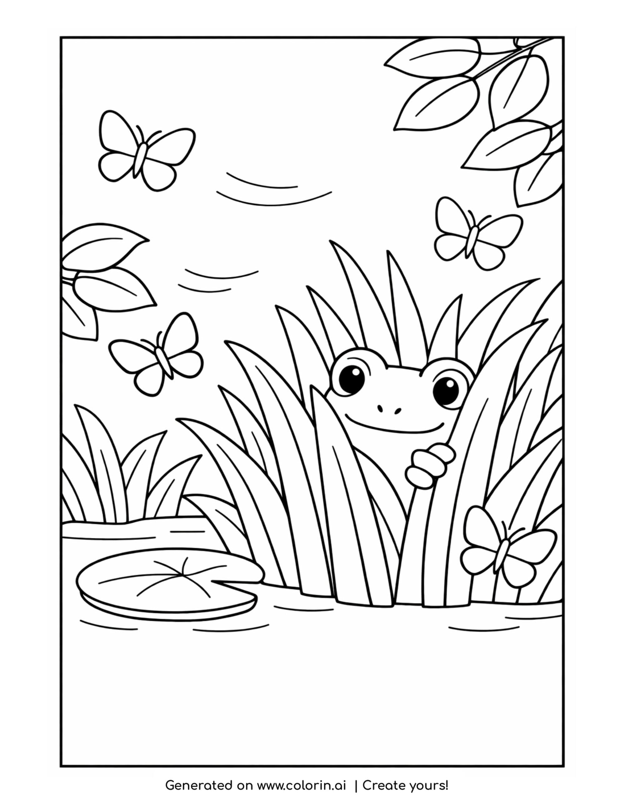 frog peeking from grass with butterflies coloring page with leaves and pond
