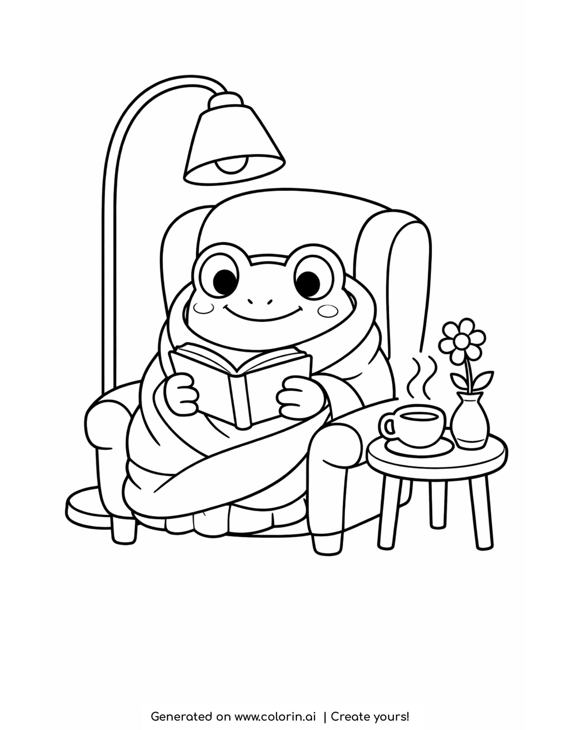 frog reading book in cozy armchair coloring page with lamp and tea