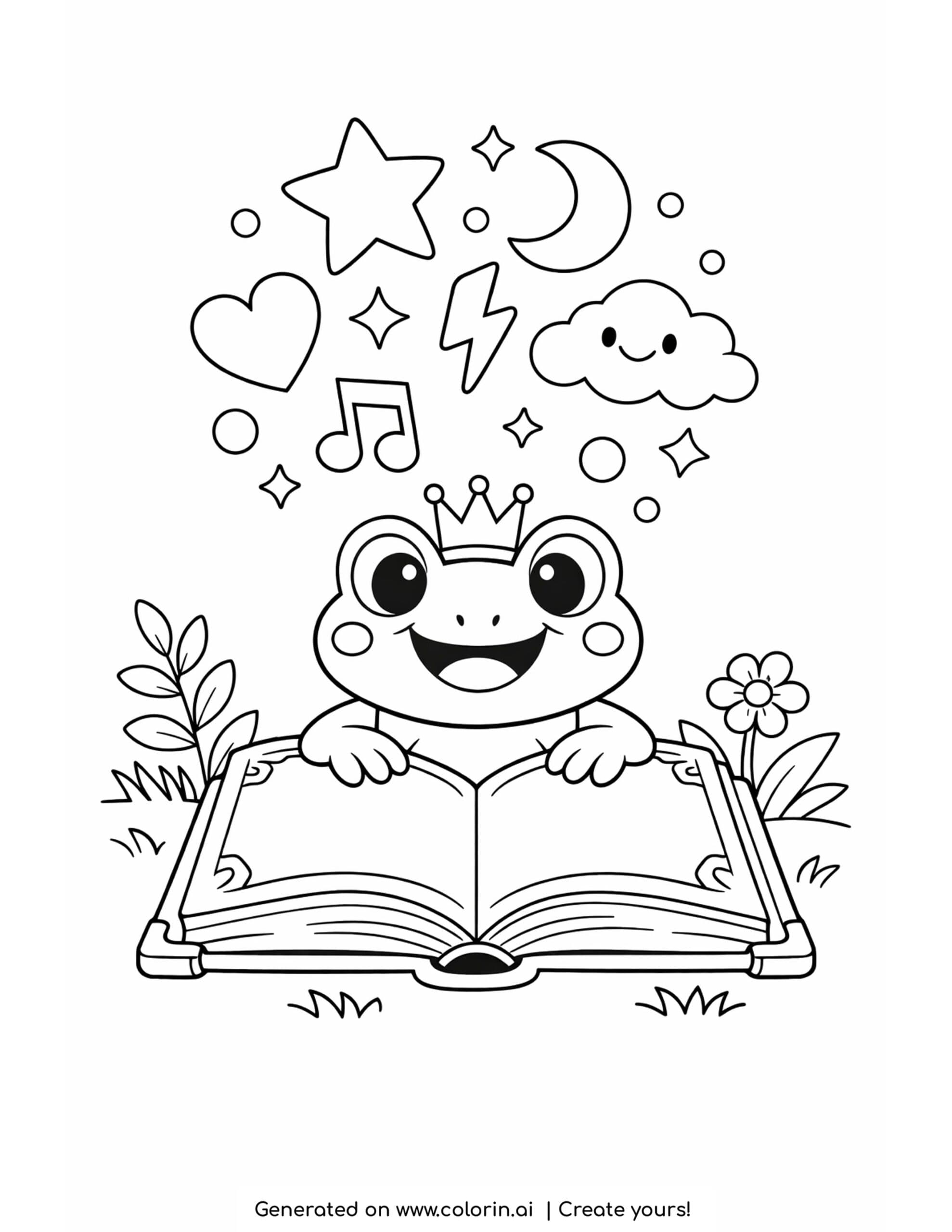 frog reading a book with stars and symbols floating above coloring page