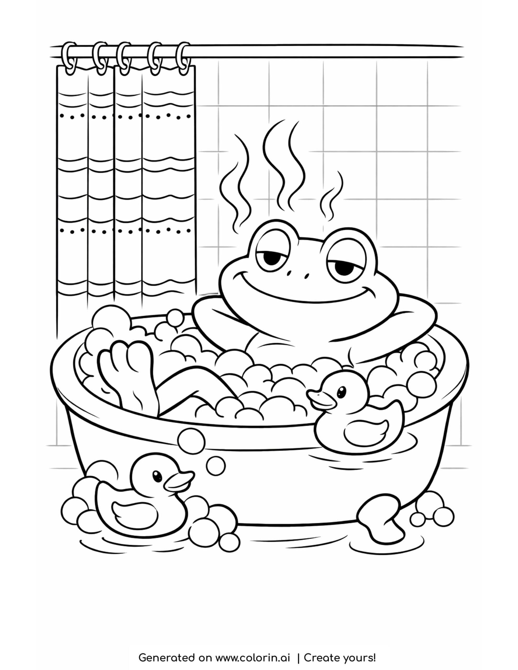frog relaxing in bathtub with bubbles coloring page with rubber ducks and steam