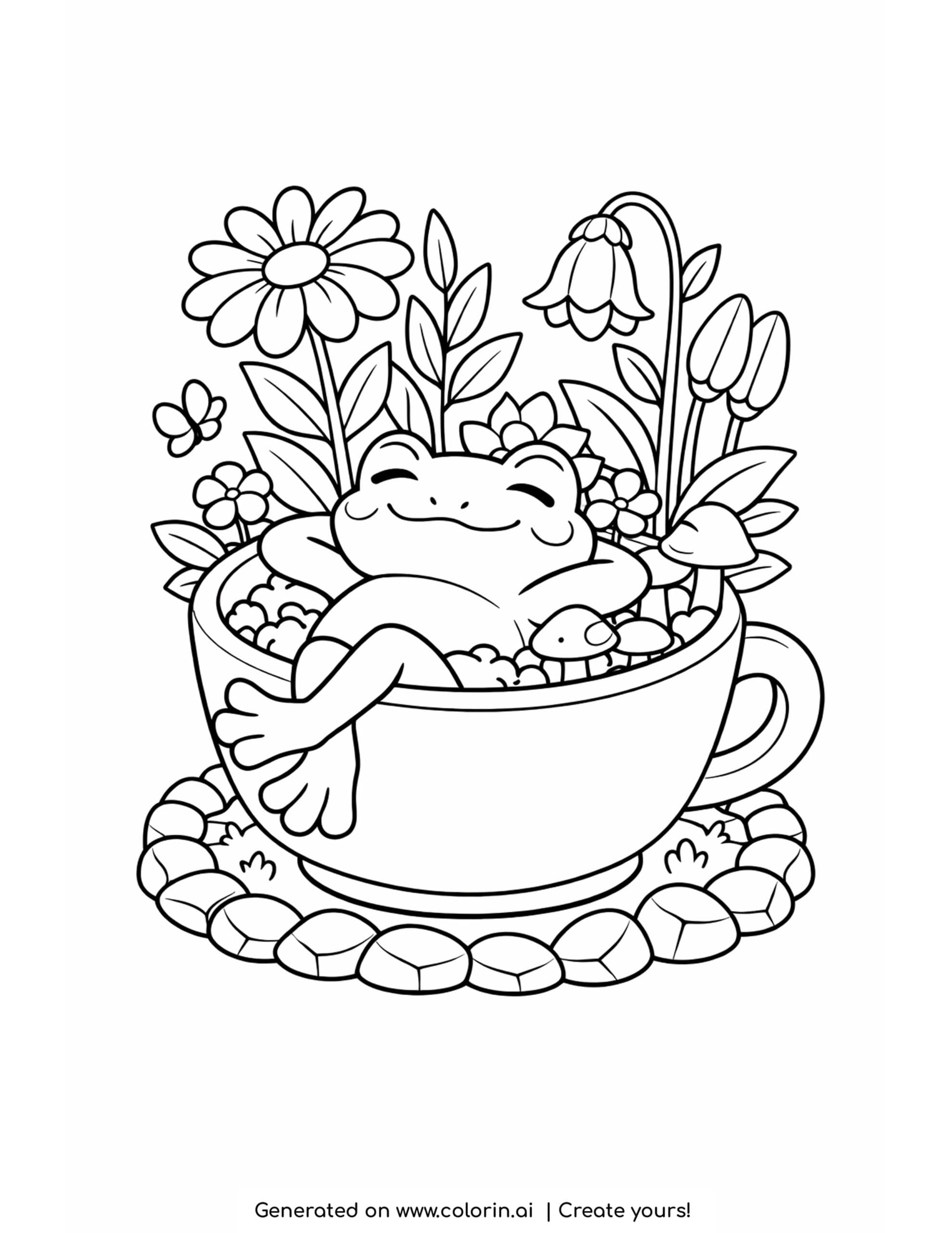 frog relaxing in a teacup garden with flowers and plants coloring page