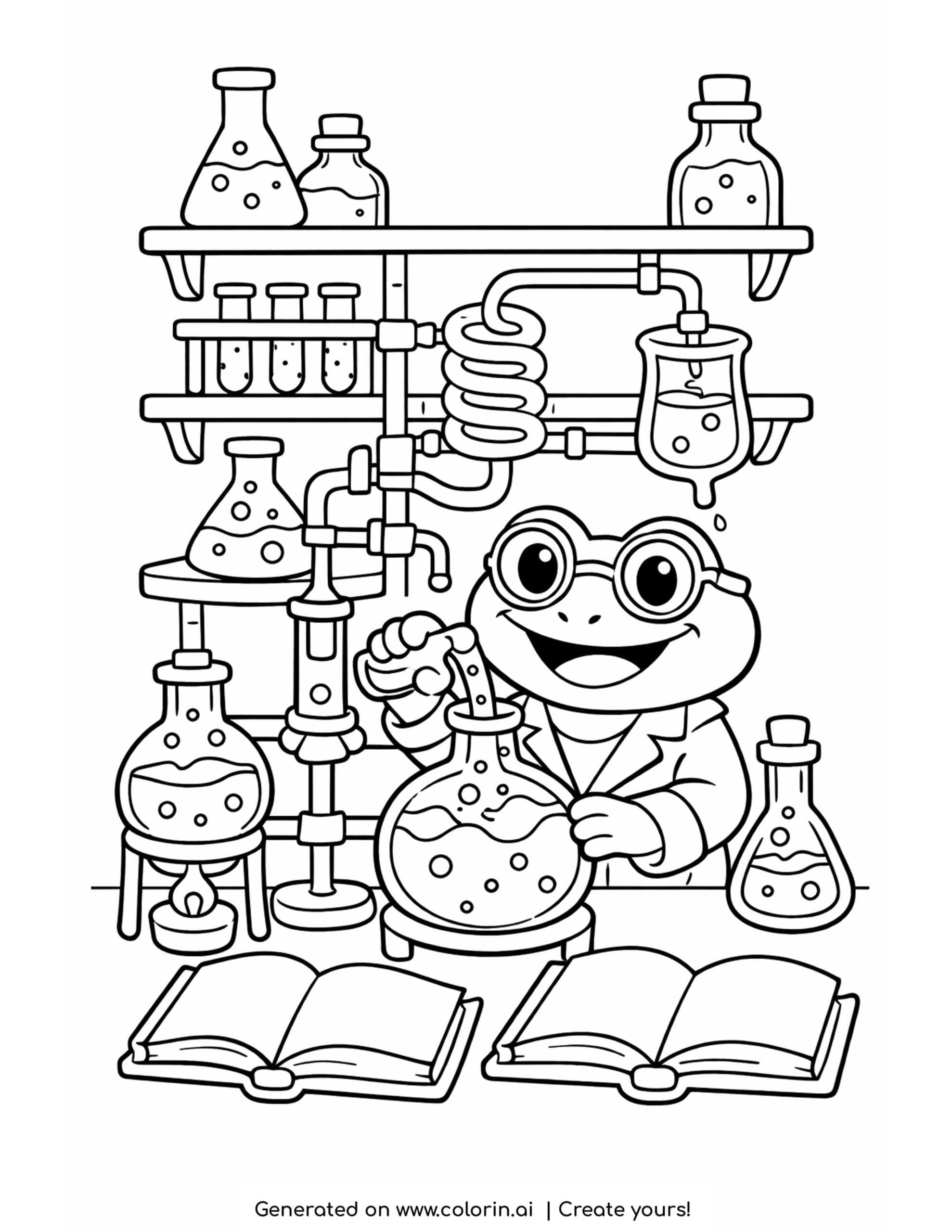frog scientist mixing potions coloring page with lab flasks and bubbling liquids coloring page