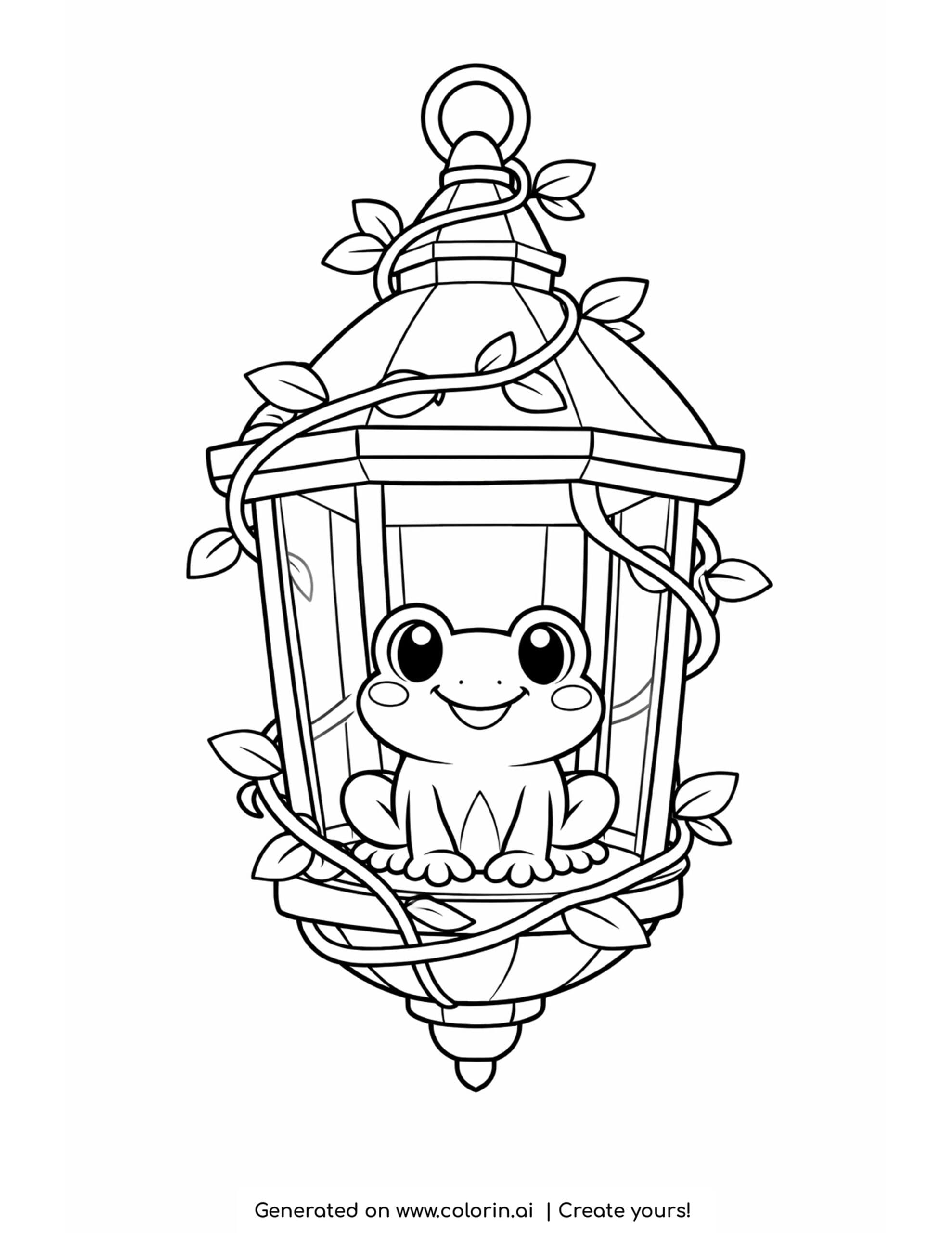 frog sitting inside a hanging lantern with vines coloring page