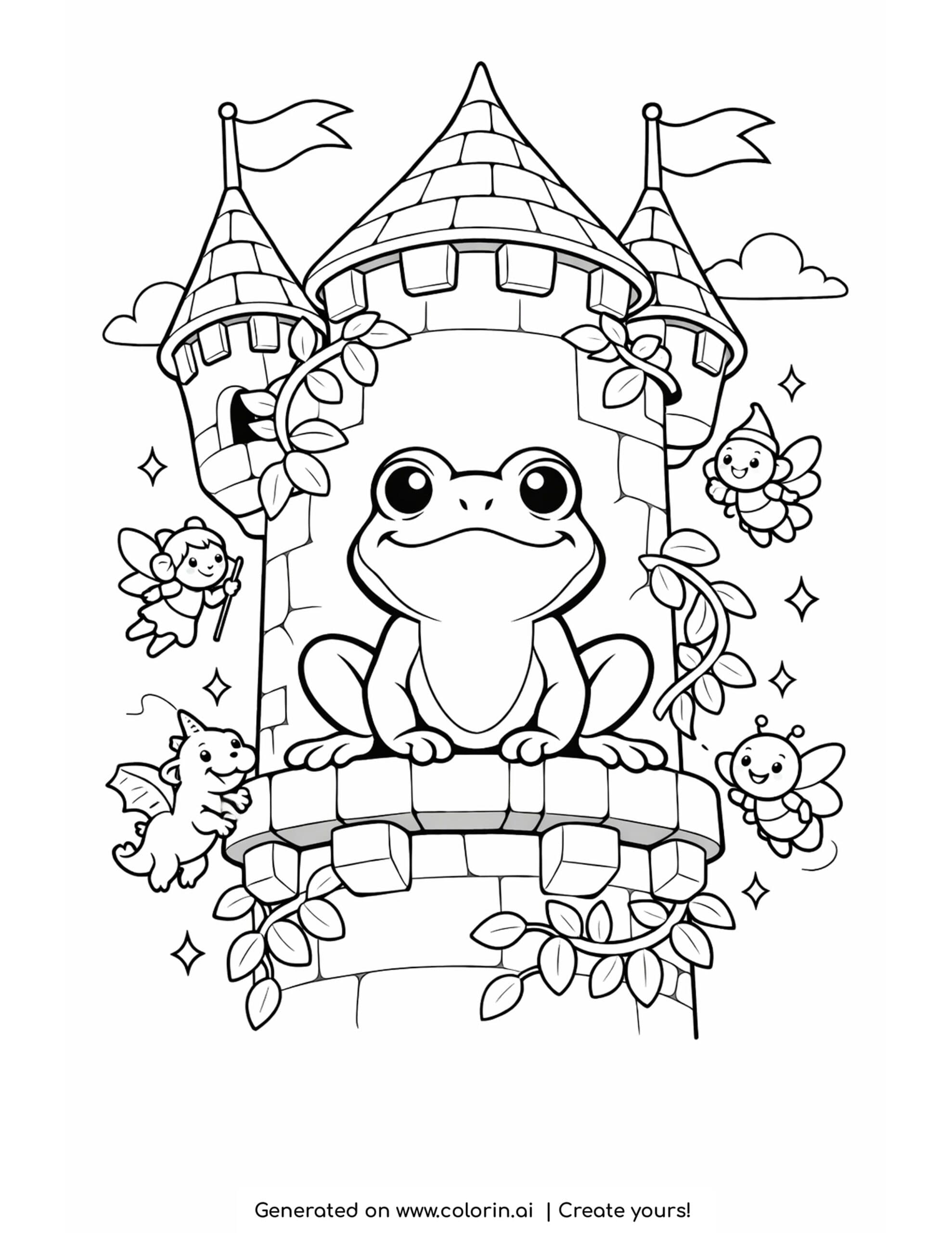 frog sitting on a castle tower with vines and flying creatures coloring page