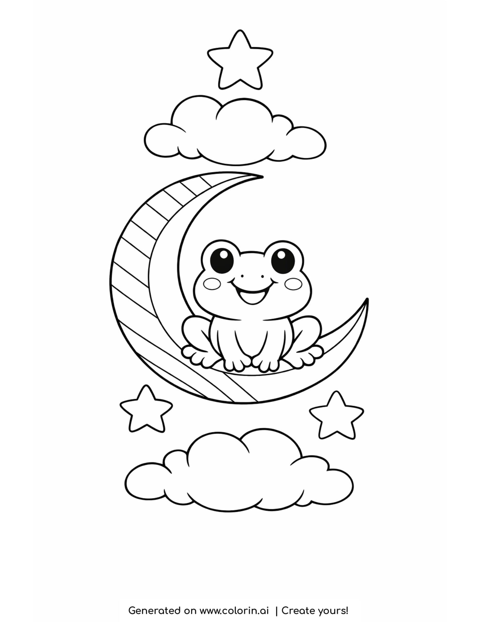 frog sitting on a crescent moon with stars and clouds coloring page