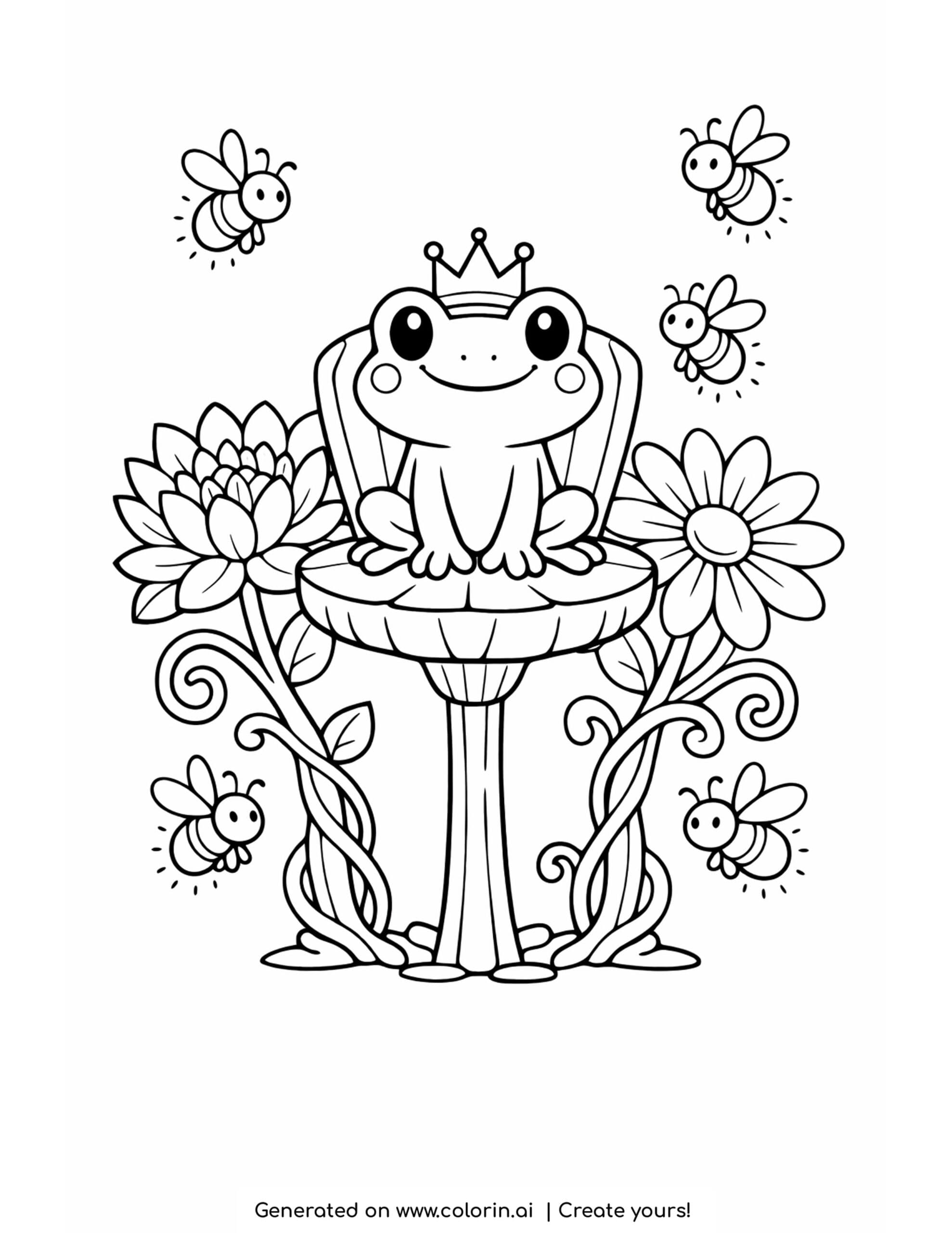 frog sitting on lily pad throne with flowers and bees coloring page