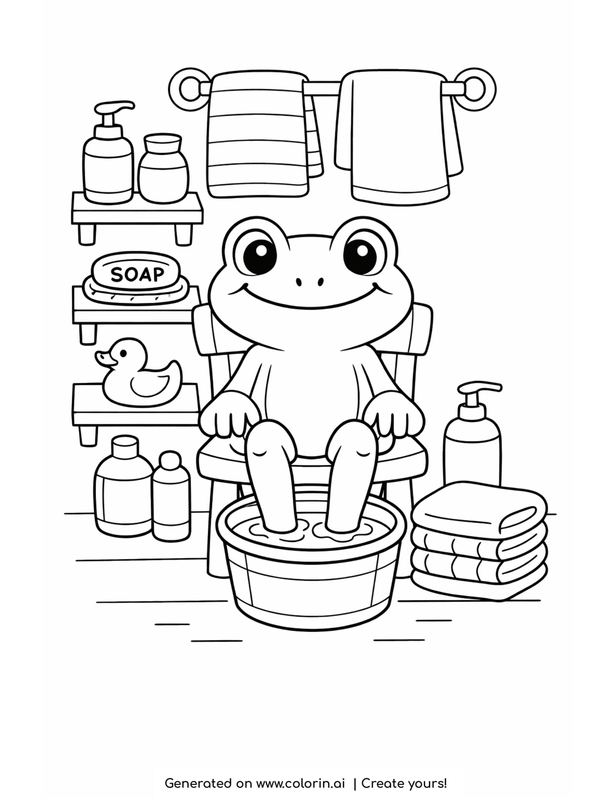 frog soaking feet in a bucket with towels and soap coloring page