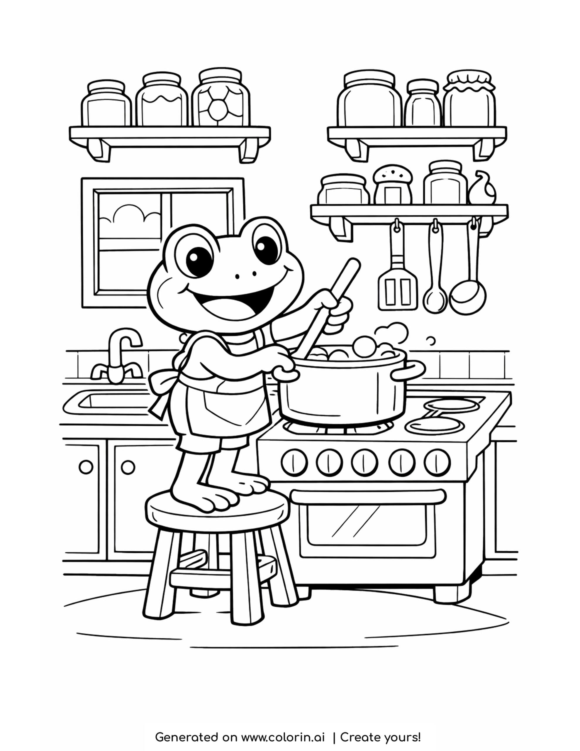 frog stirring pot in kitchen coloring page cute frog cooking on a stove
