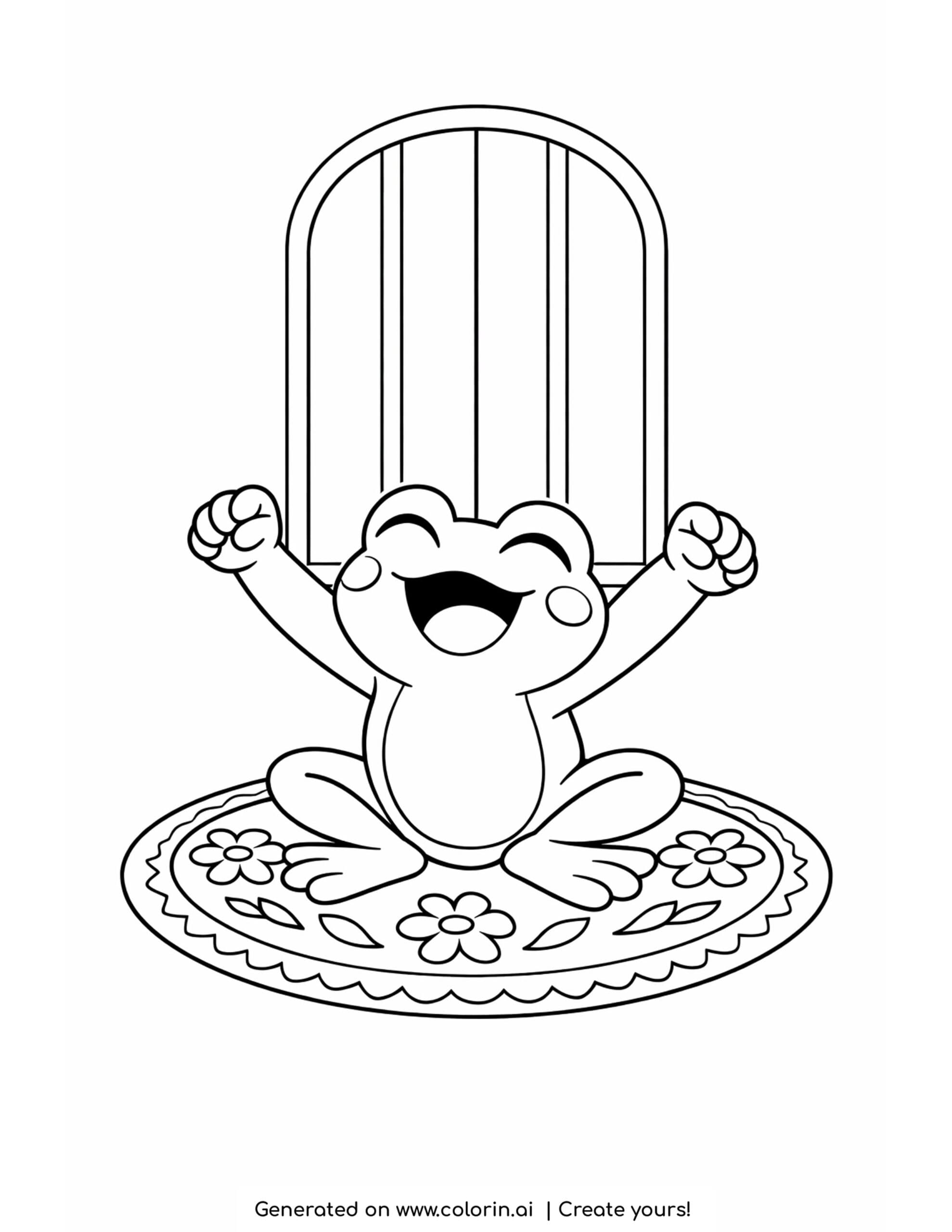 frog stretching arms on a floral rug near window coloring page