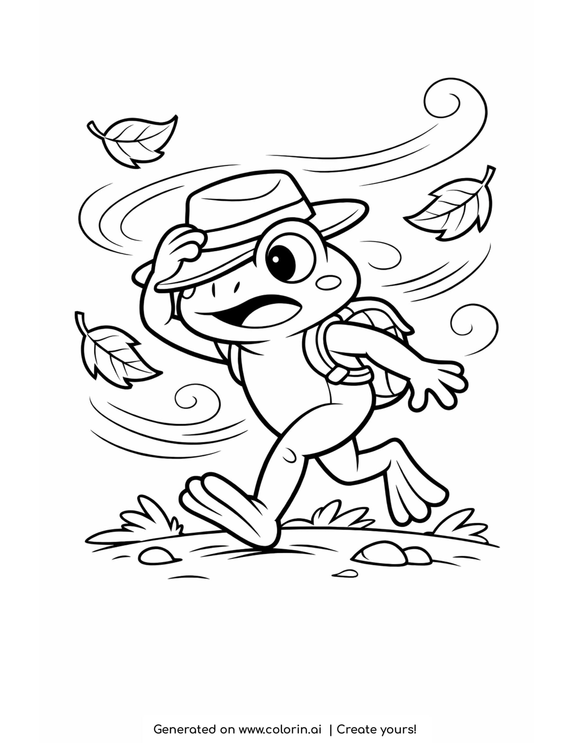 frog walking in windy leaves coloring page with hat and swirling leaves
