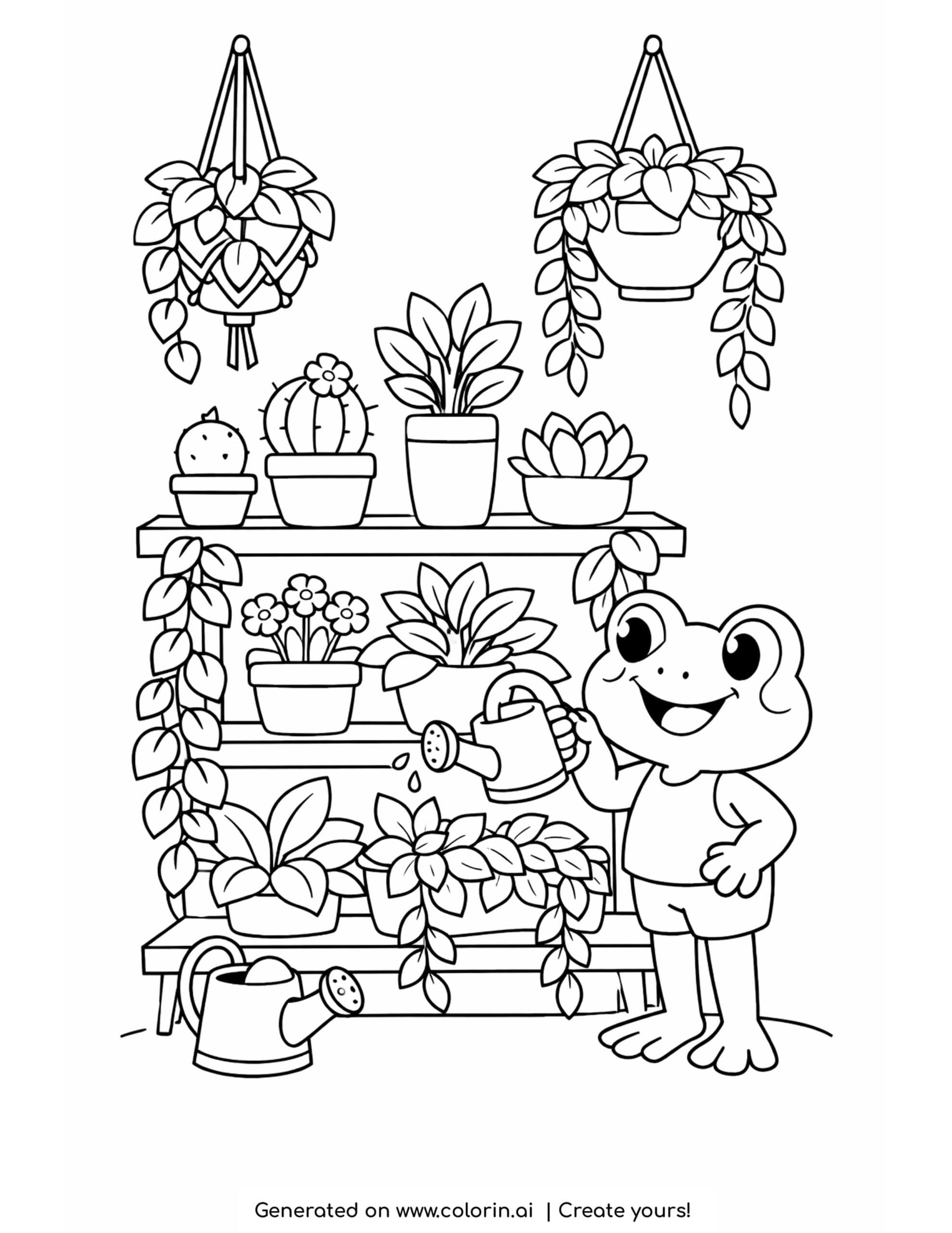 frog watering plants on shelf coloring page with potted plants and watering can