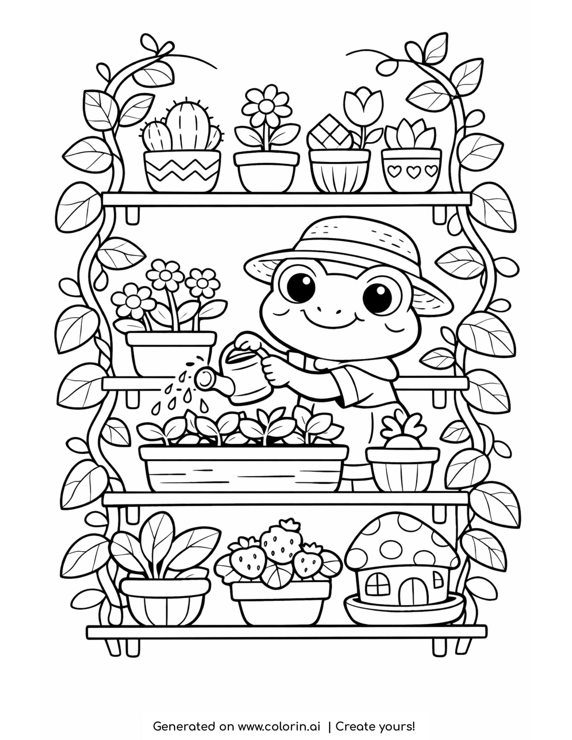 frog watering plants on shelves coloring page with potted plants and vines