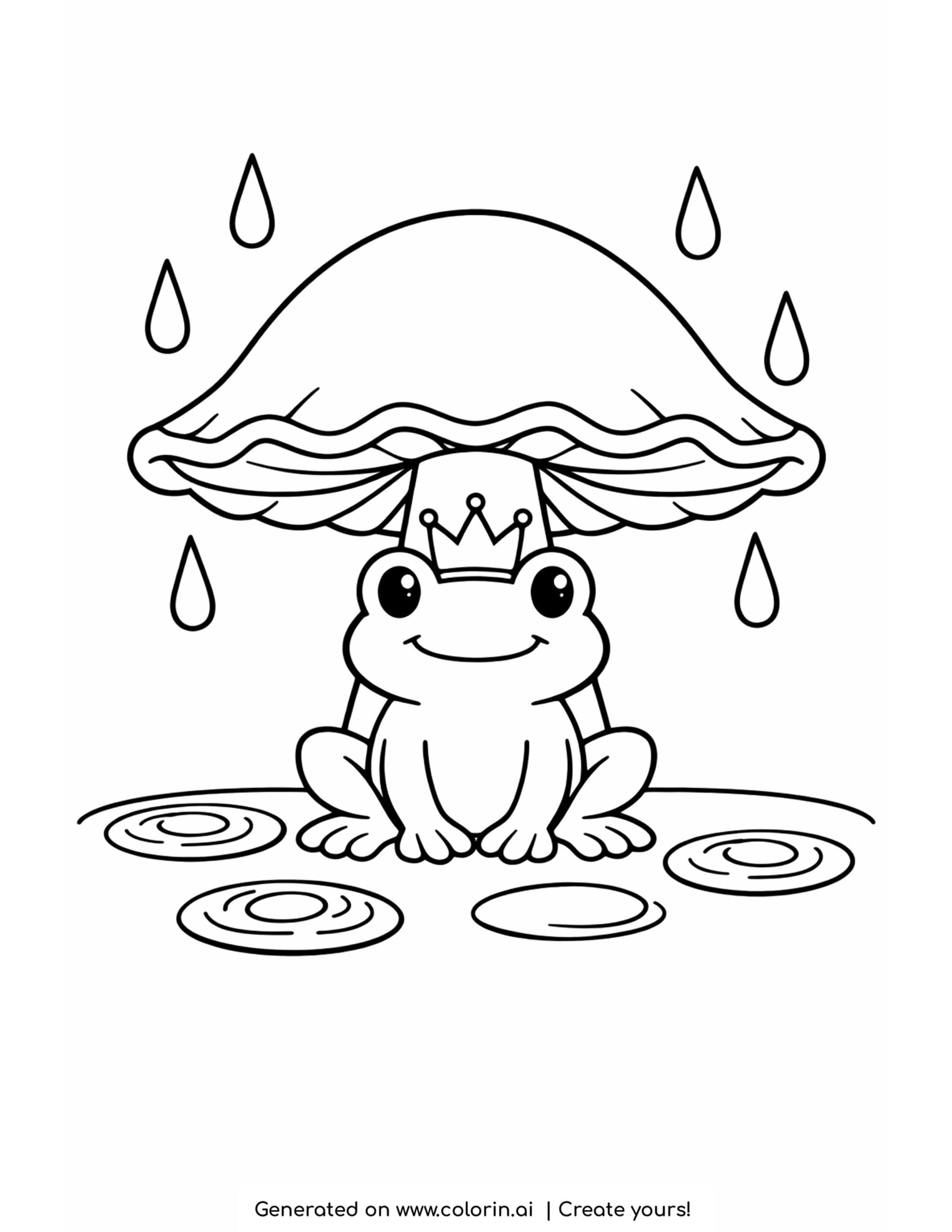 frog with crown under mushroom in rain coloring page with puddles and raindrops