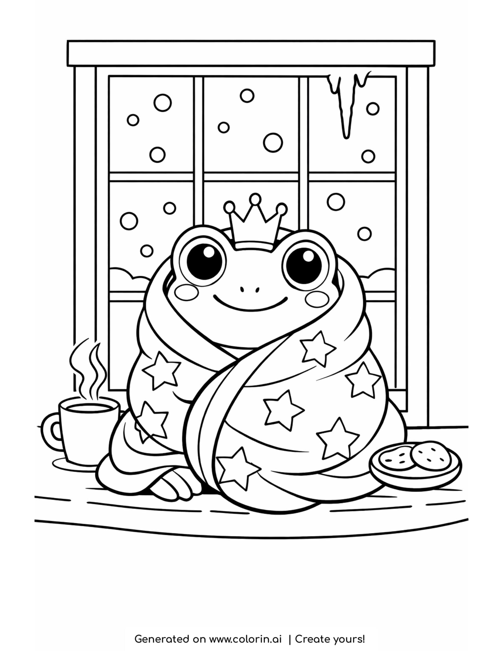 frog wrapped in blanket by window coloring page with snow and warm drink