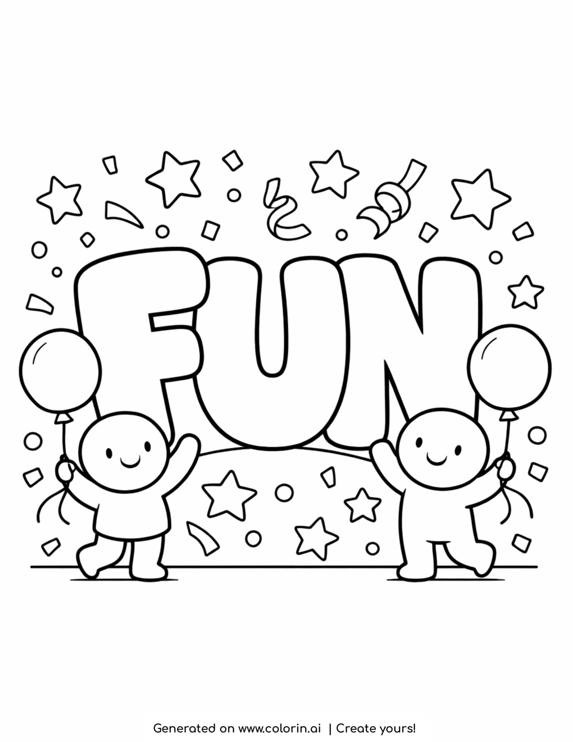 fun word with kids balloons coloring page with smiling characters and stars