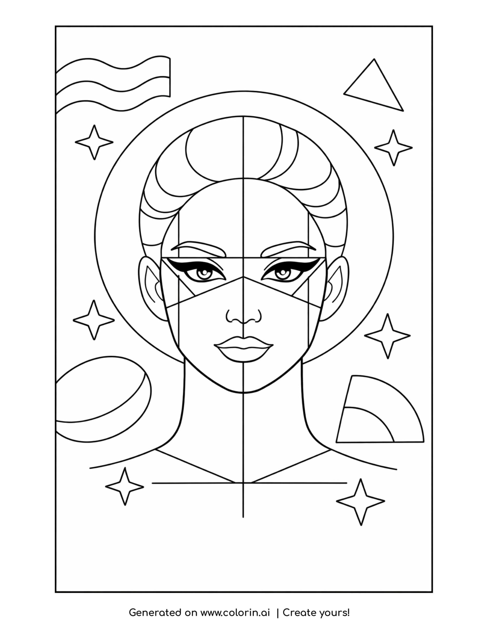 geometric makeup face with stars coloring page with abstract shapes and bold lines