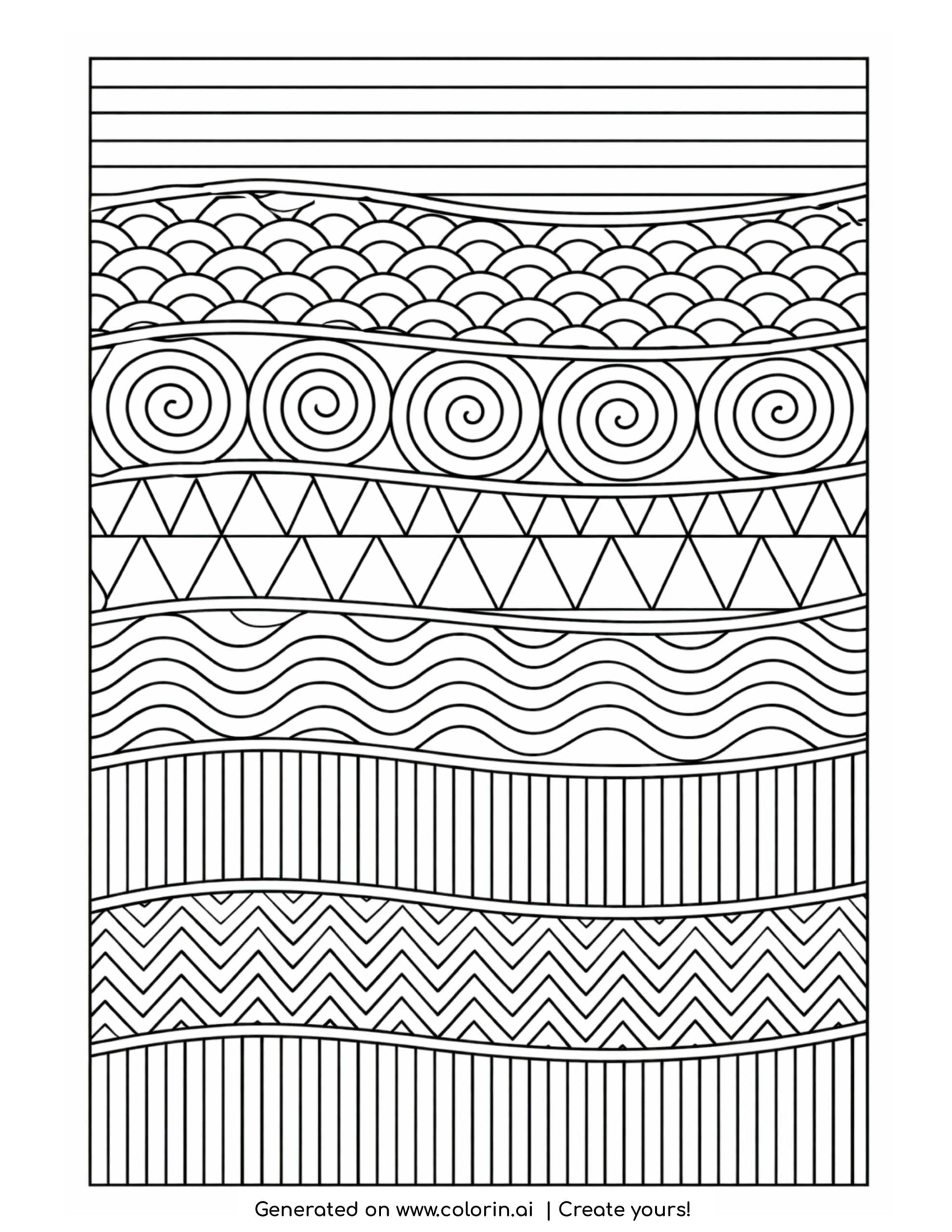 geometric stripe pattern with shapes coloring page with horizontal decorative bands