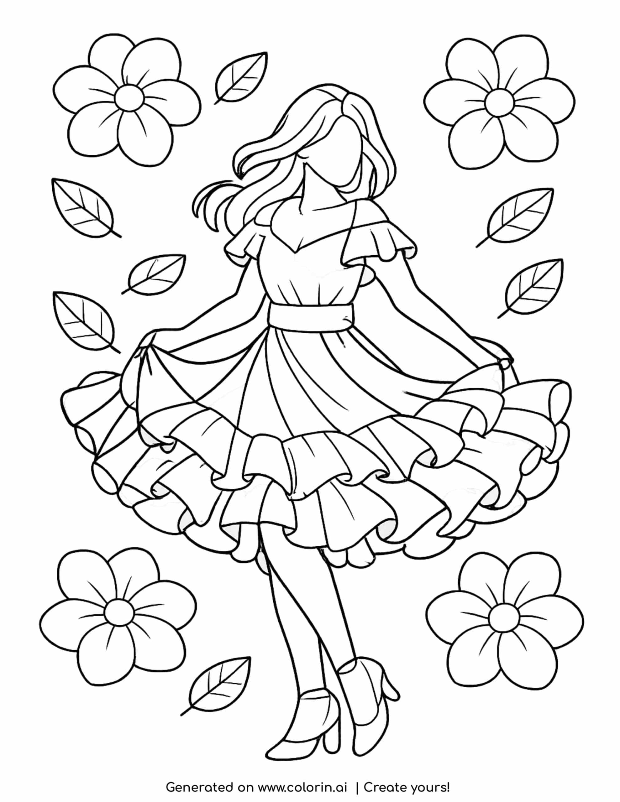 girl in flowing dress twirling with flowers and leaves coloring page