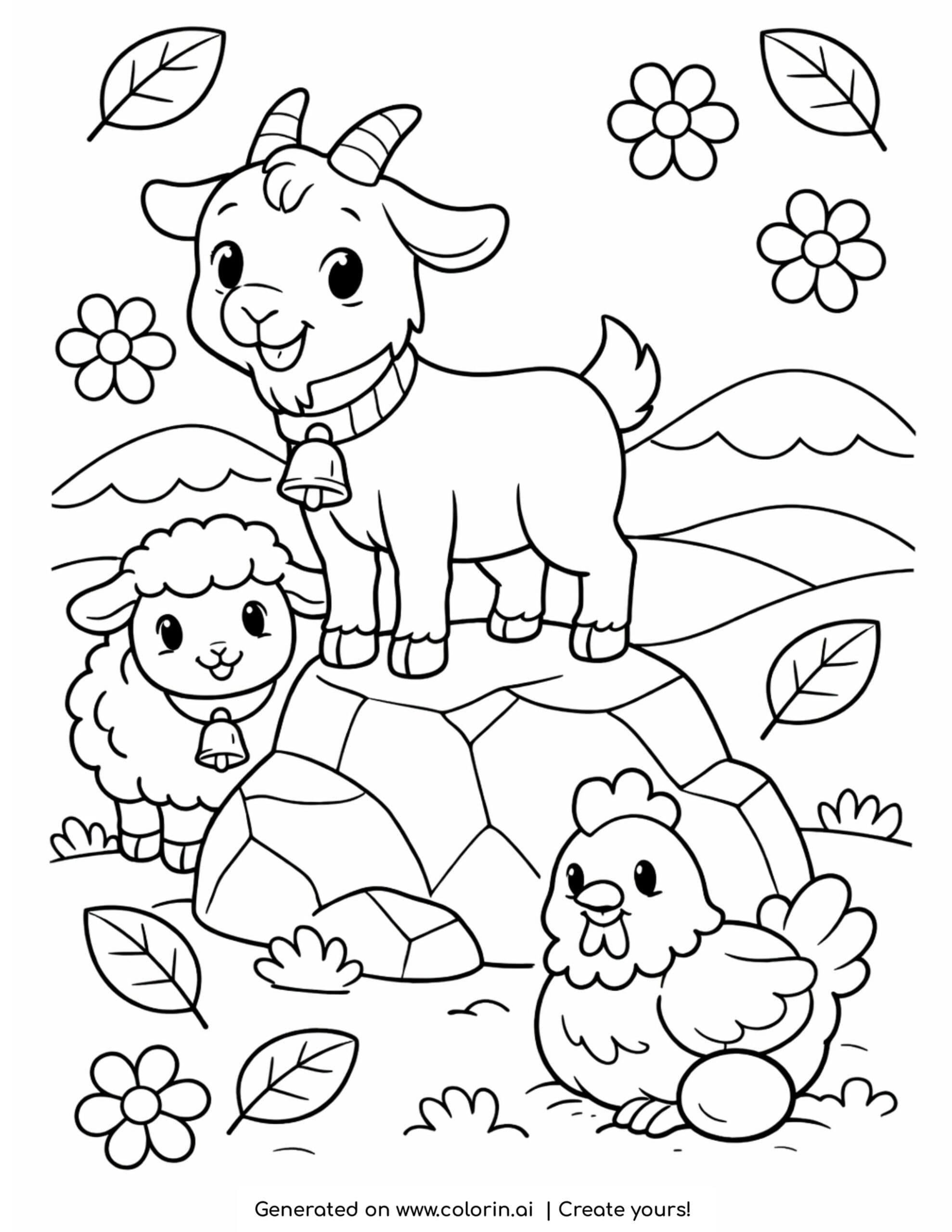 goat standing on rock with farm animals cute countryside scene coloring page