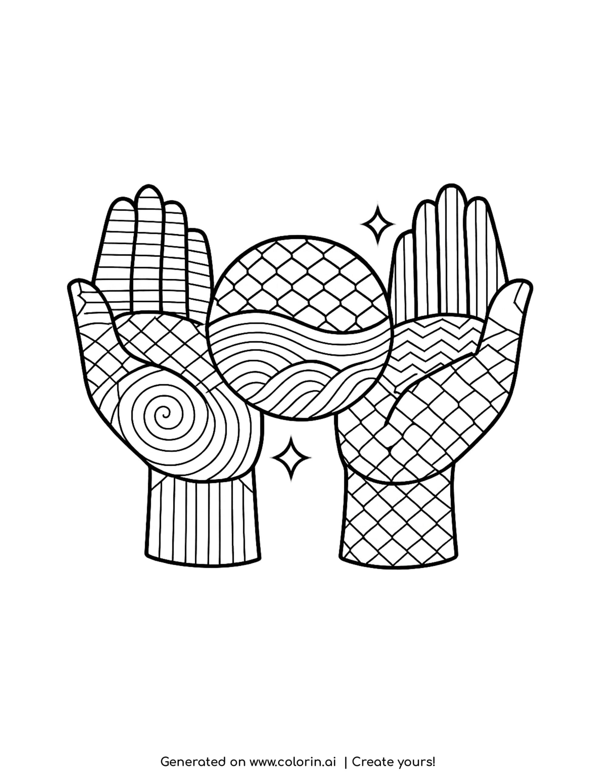 hands holding patterned sphere with simple stars coloring page