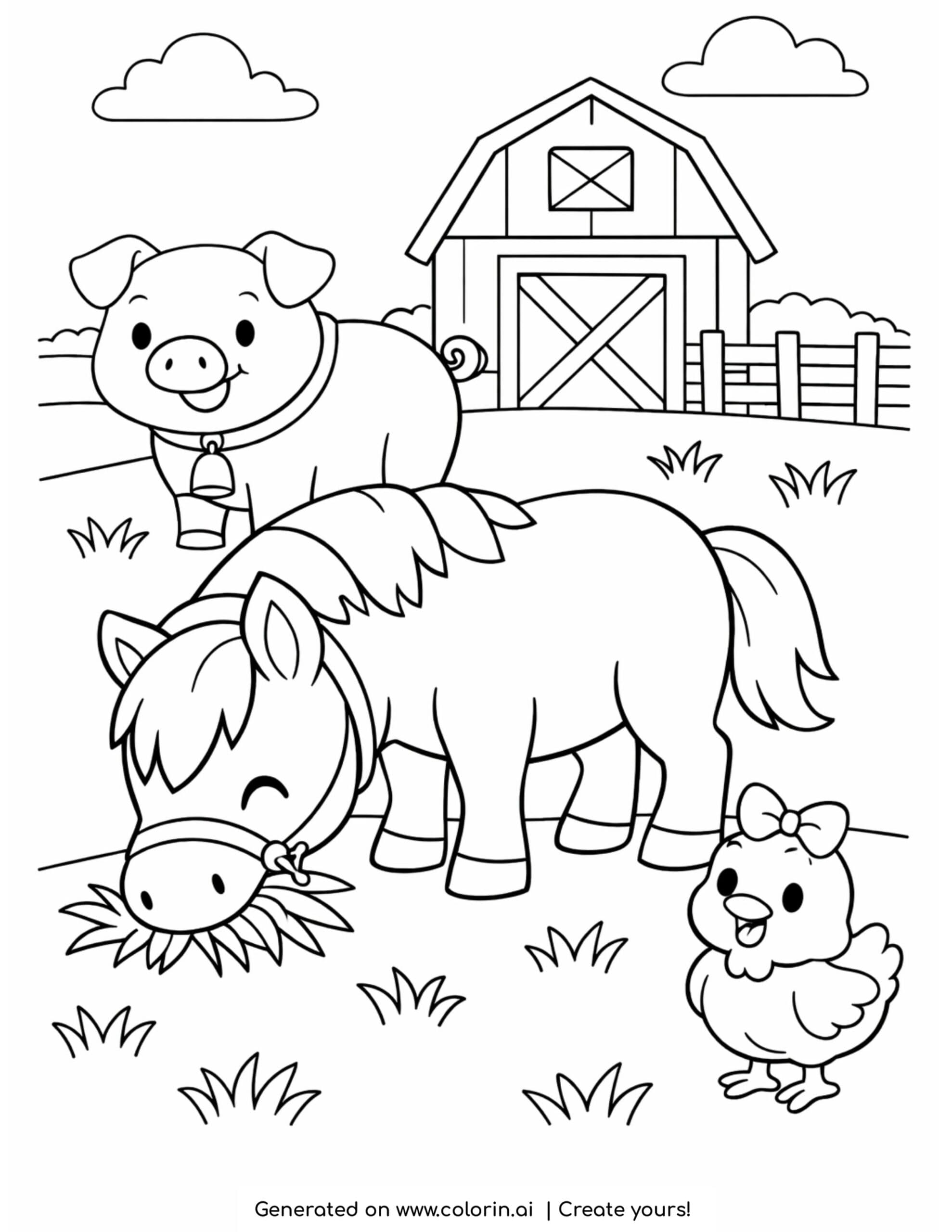 horse eating grass with pig and chicken cute farm scene coloring page