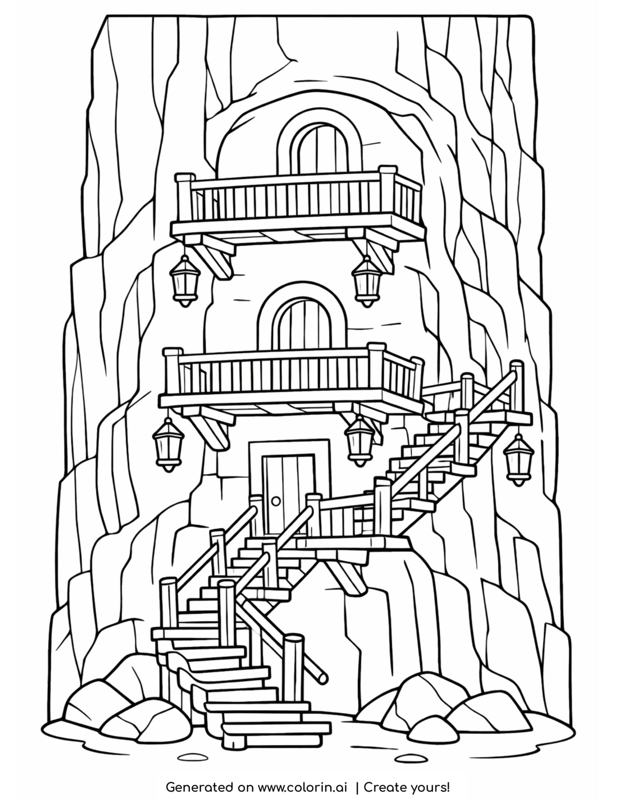 house carved into cliff with stairs coloring page with balconies and hanging lanterns