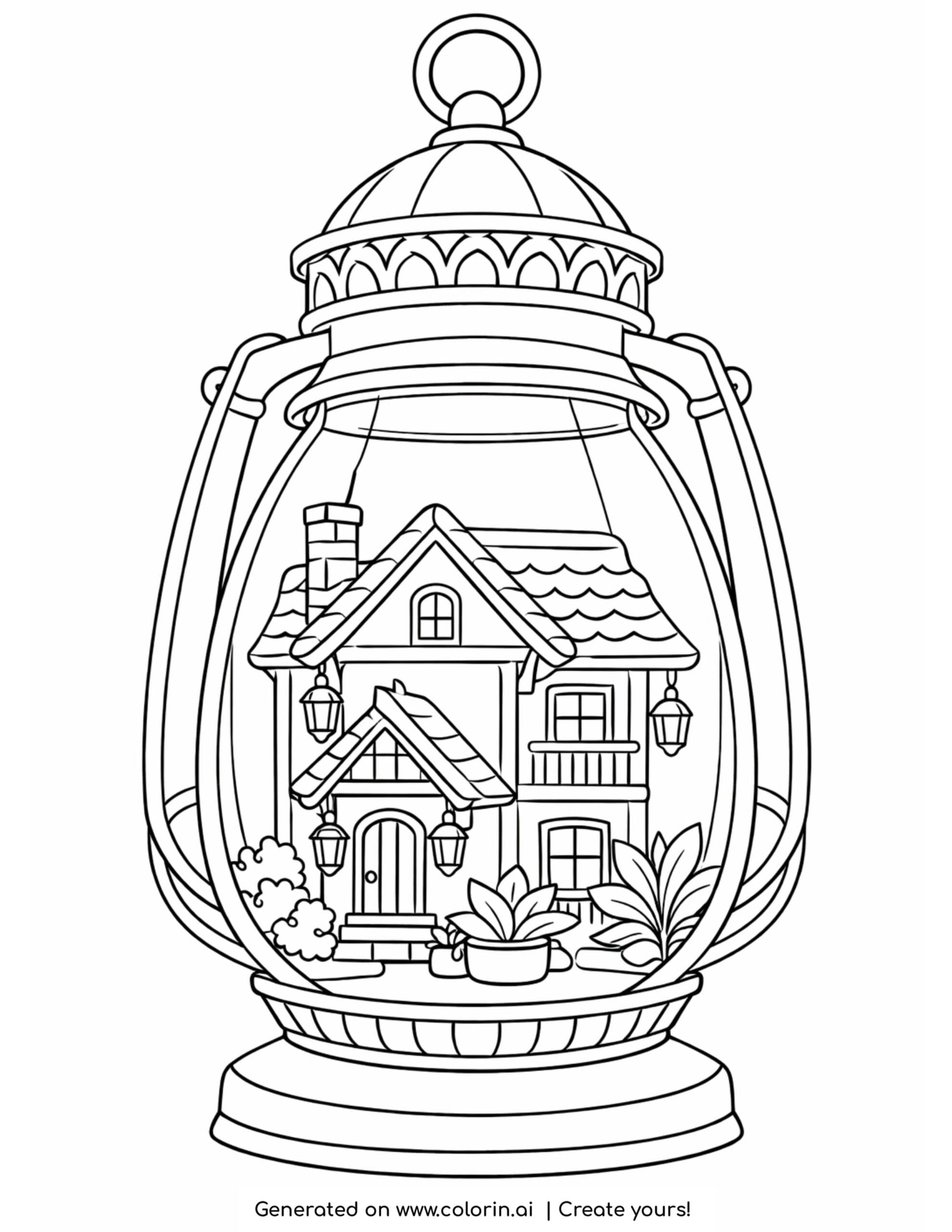 house inside an antique lantern coloring page with cozy home and plants inside glass