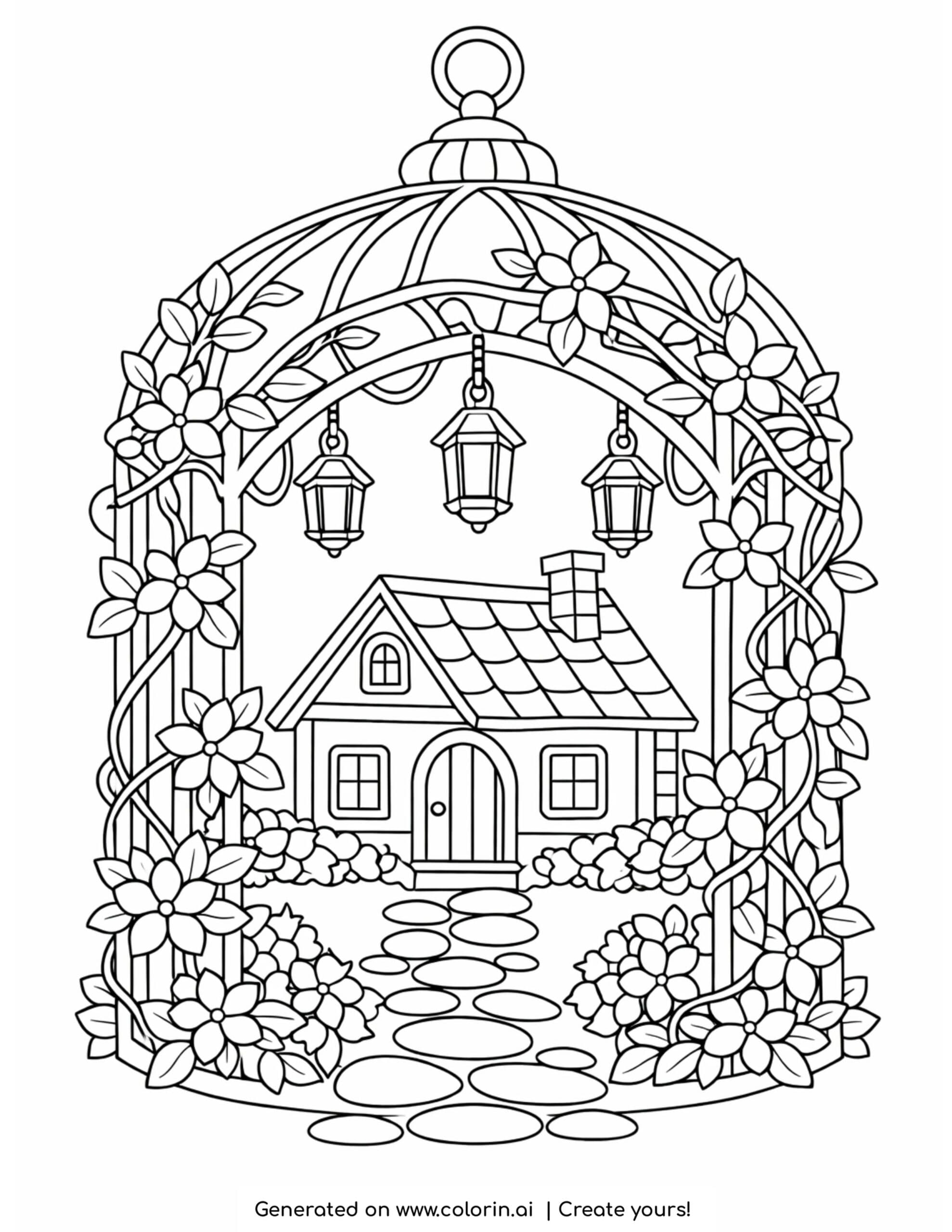 house inside floral birdcage coloring page with lanterns flowers and stone path