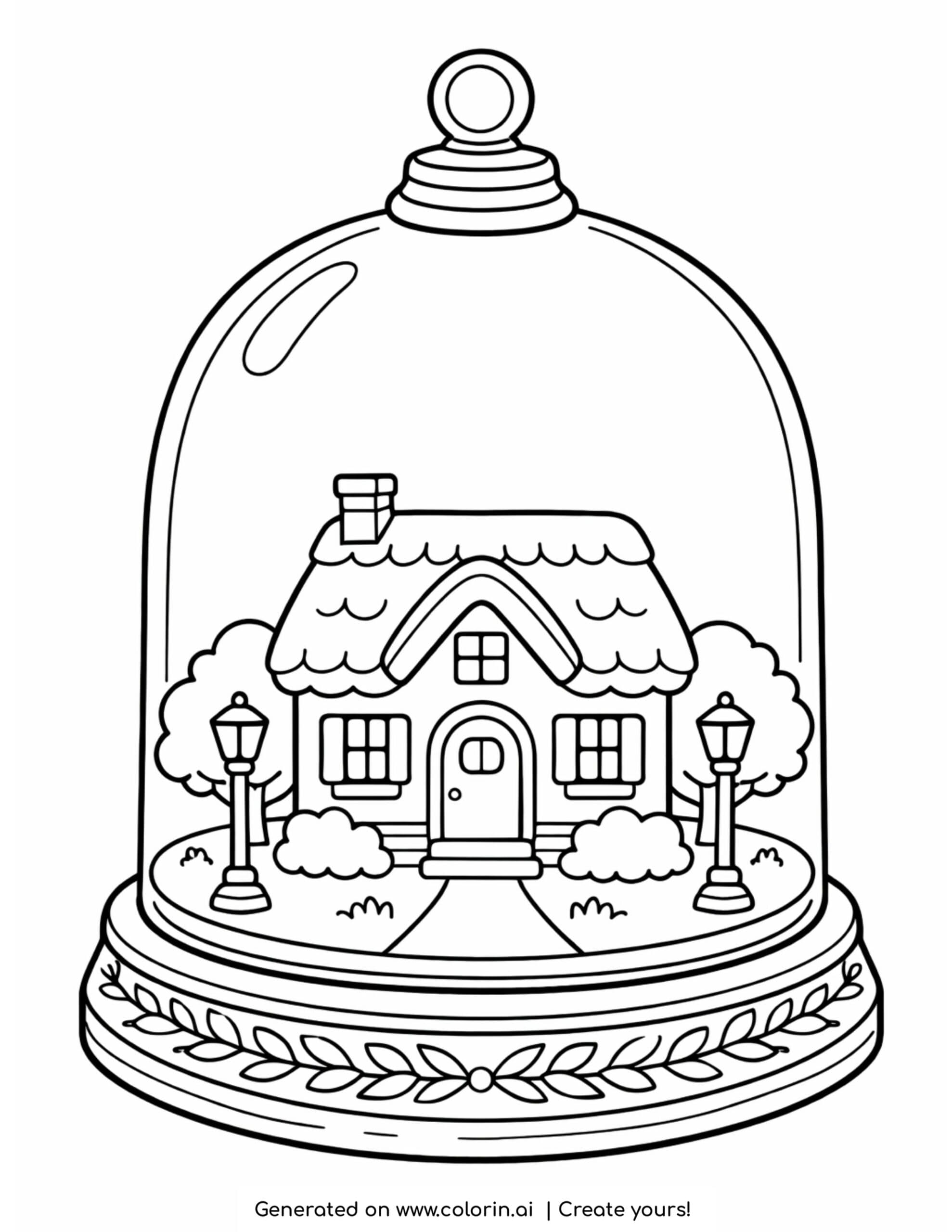 house inside glass dome with trees coloring page with small cottage and lanterns