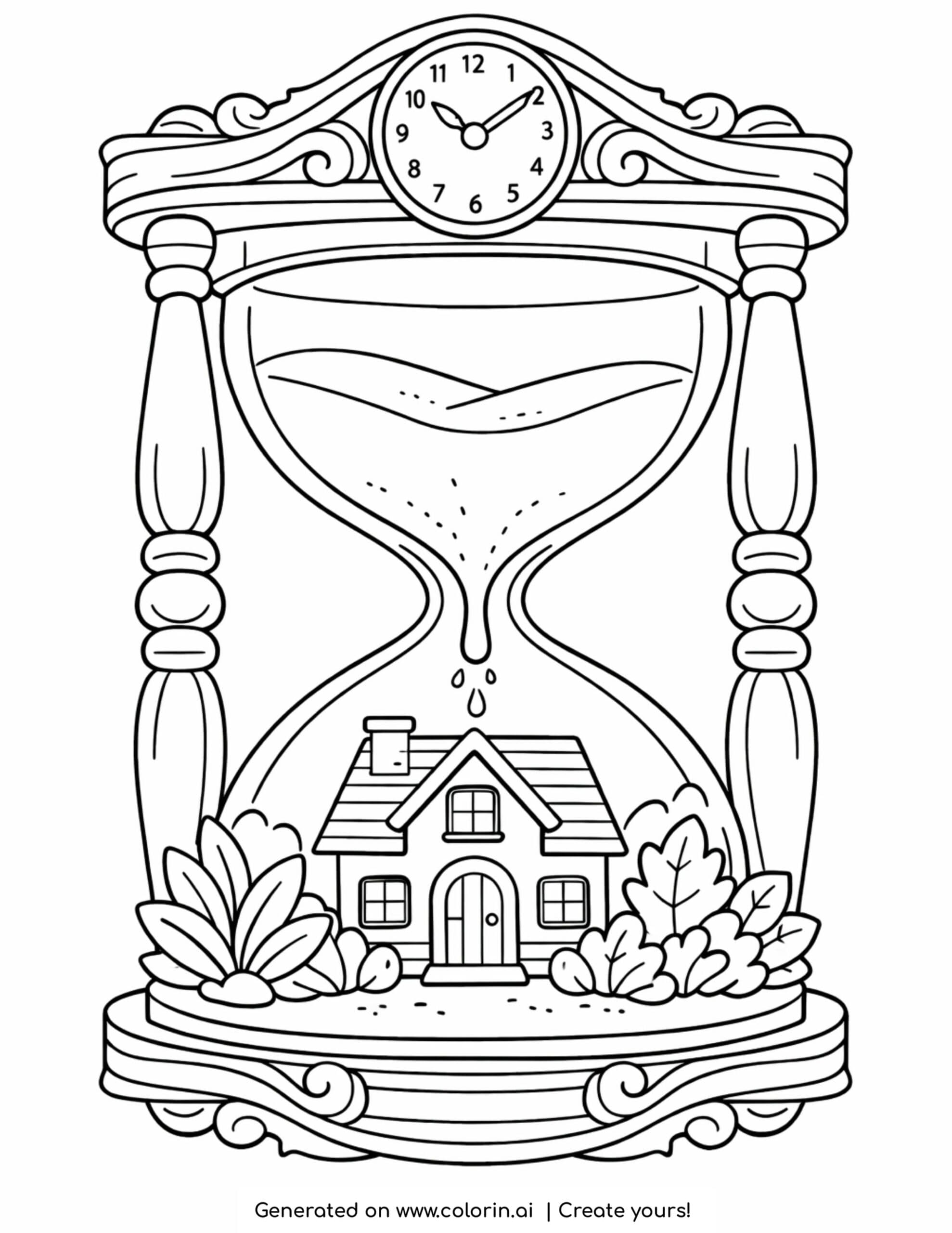 house inside hourglass with falling sand coloring page with small home and plants inside