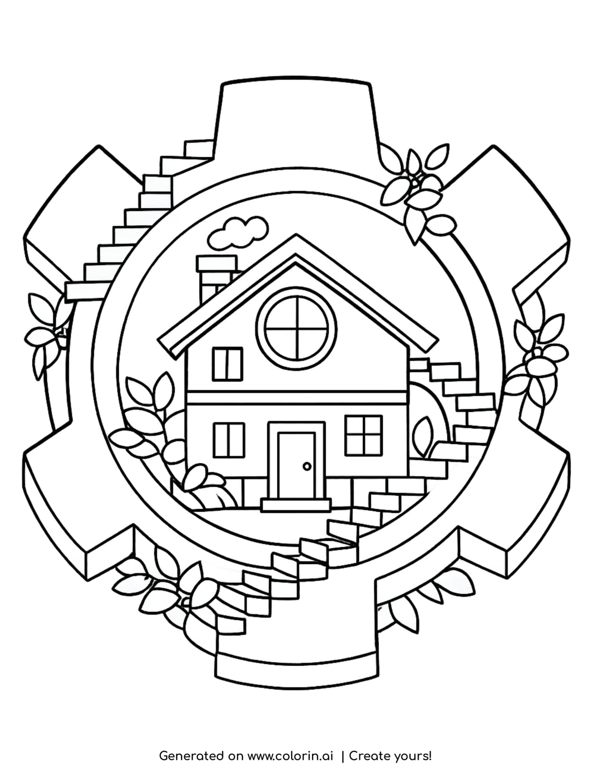 house inside mechanical gear coloring page with stairs and plants growing around coloring page