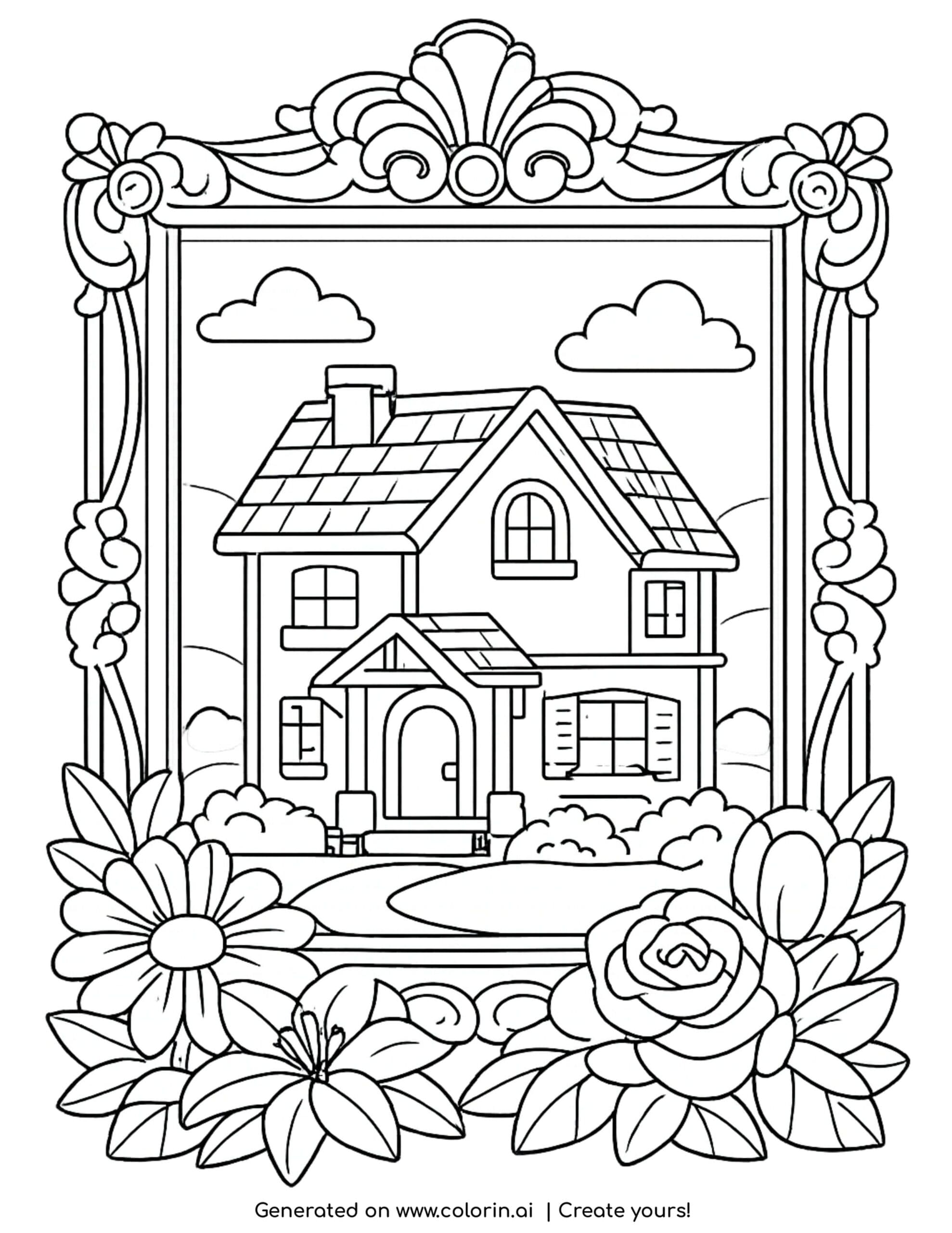 house inside ornate picture frame coloring page with flowers and decorative border
