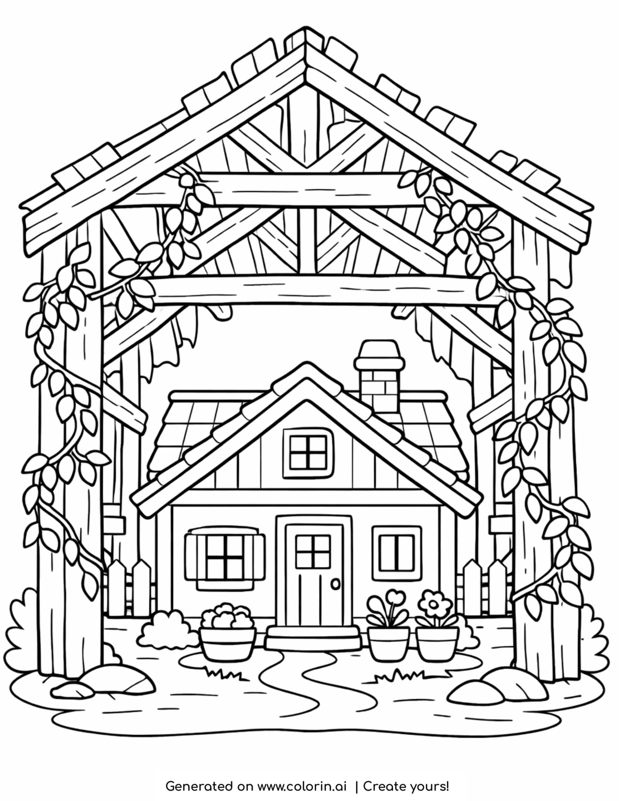 house inside wooden frame cabin coloring page with rustic beams and small cozy home
