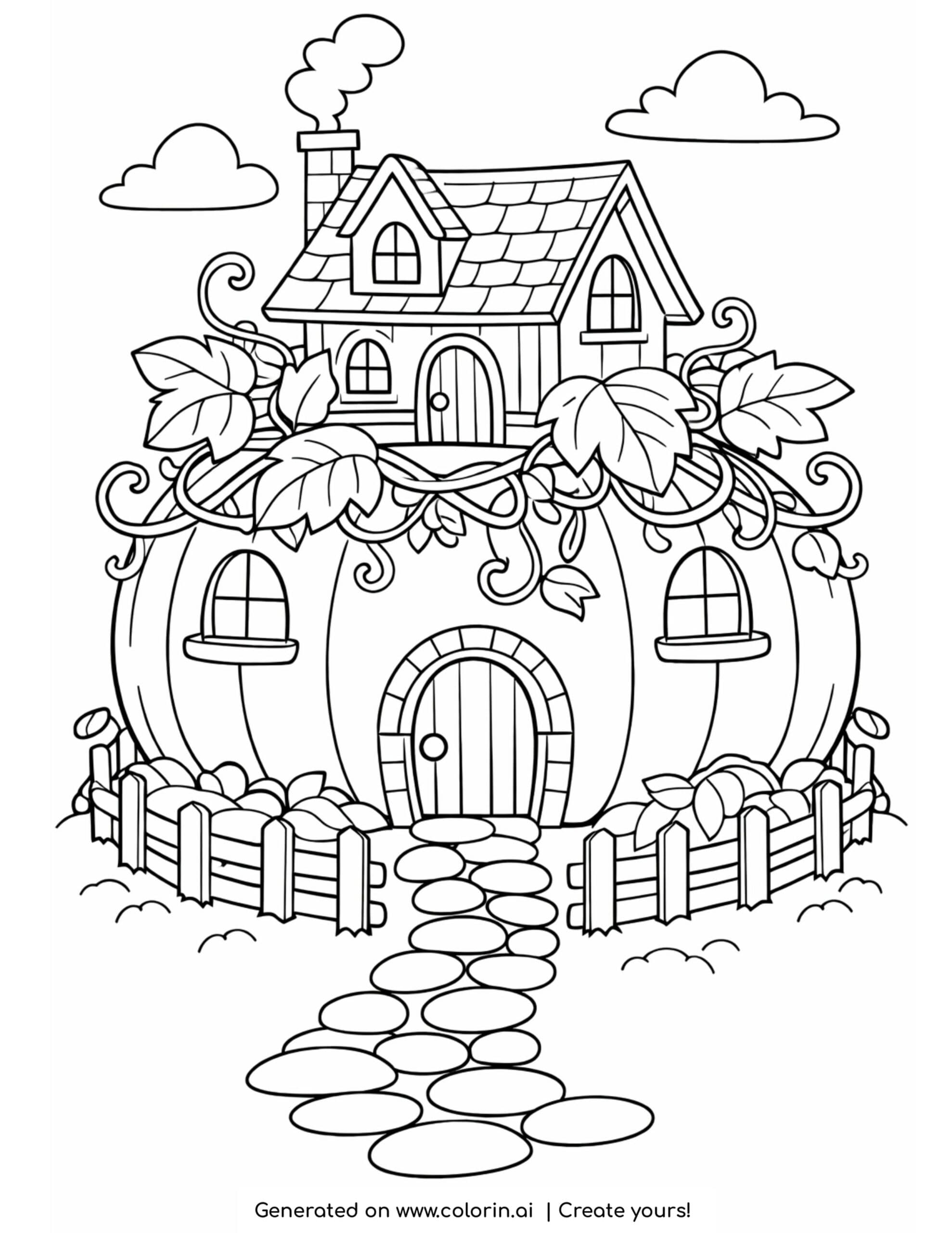 house on pumpkin with vines coloring page with cozy home and curling leaves