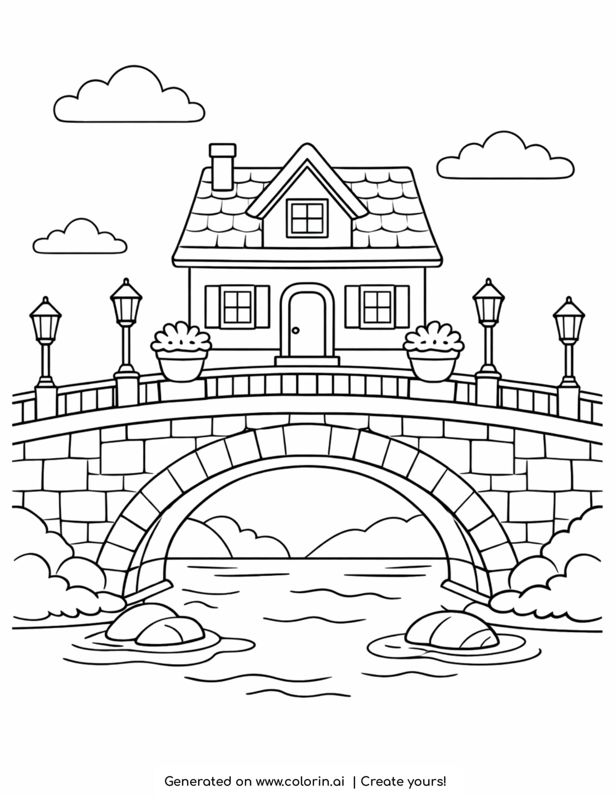 house on stone bridge over river coloring page cozy home above arched bridge with water scene coloring page
