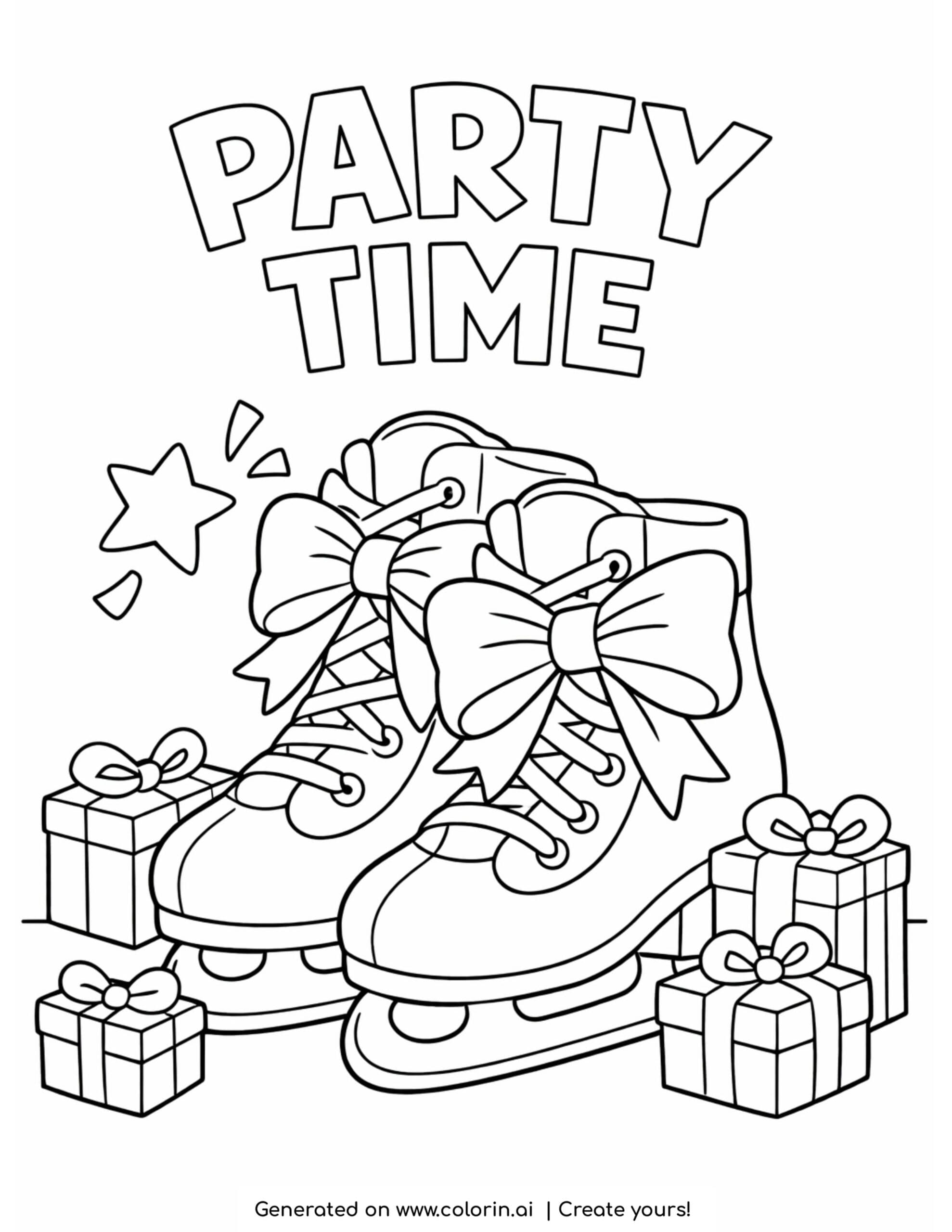 ice skates with gifts and party time text coloring page with bows and decorations