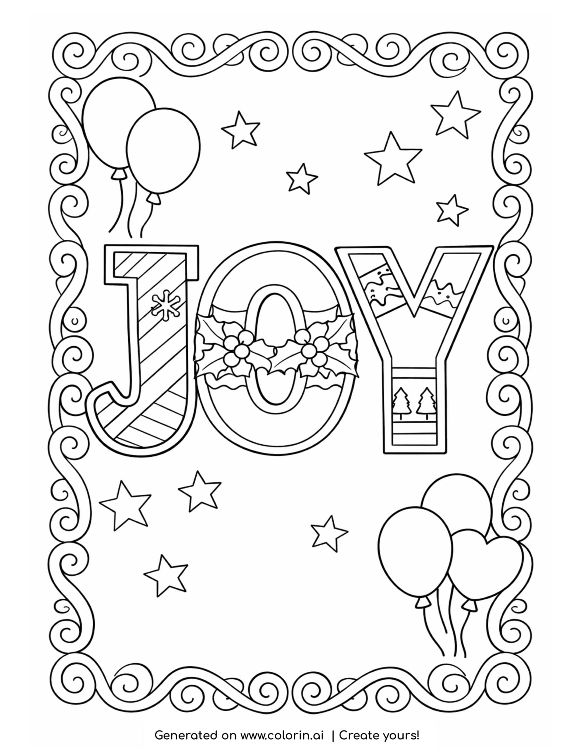 joy with balloons and stars coloring page with decorative letters and festive border coloring page