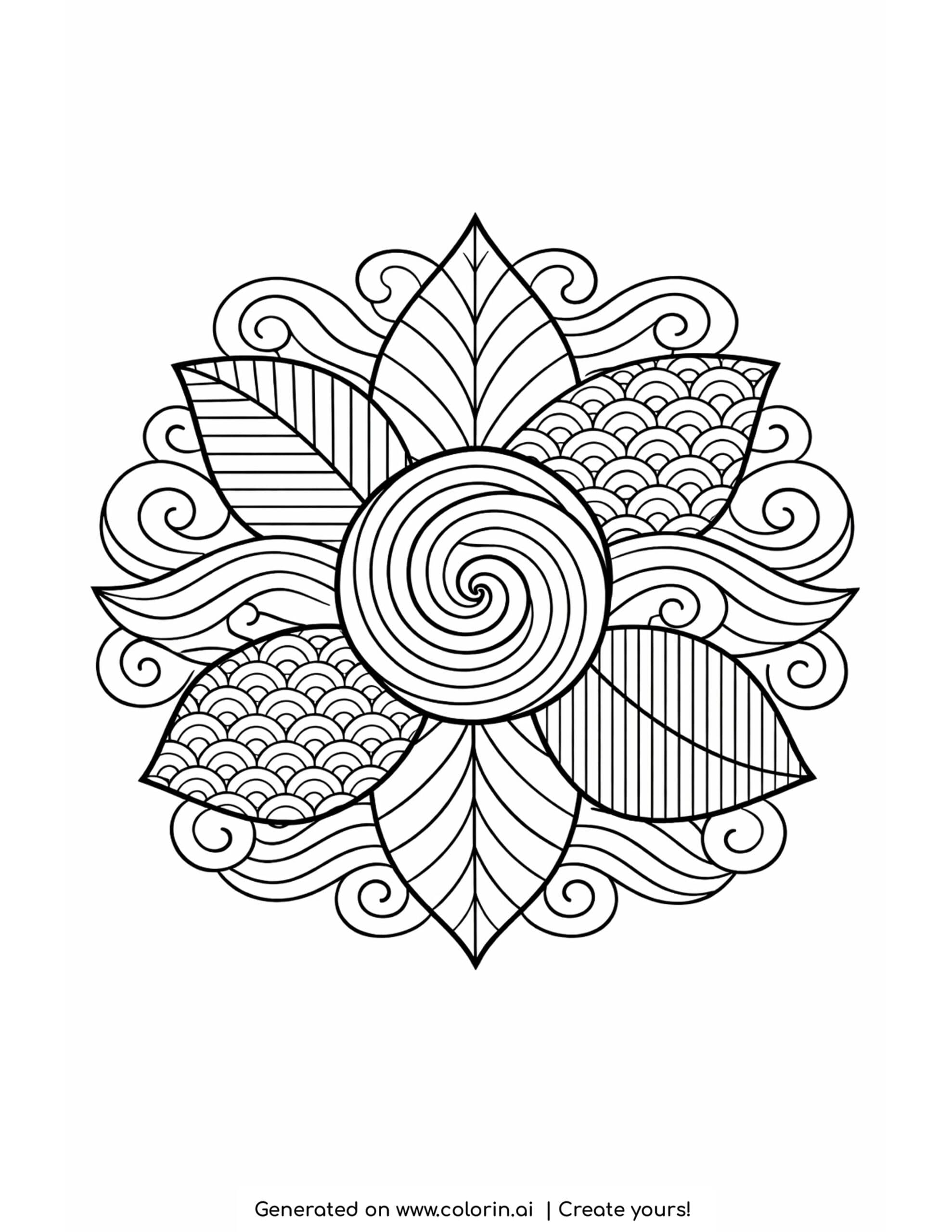 leaf mandala with swirling patterns detailed floral design coloring page