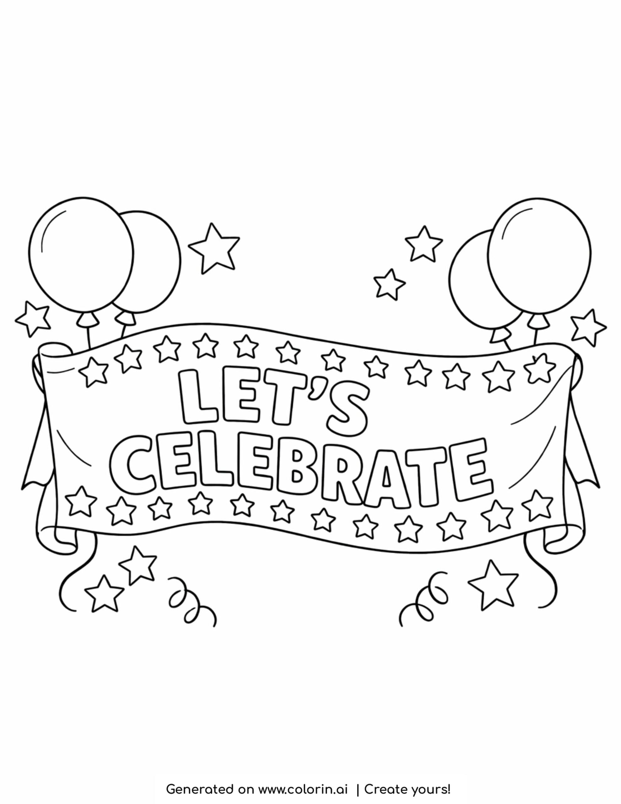 lets celebrate banner with balloons coloring page with stars and festive decorations