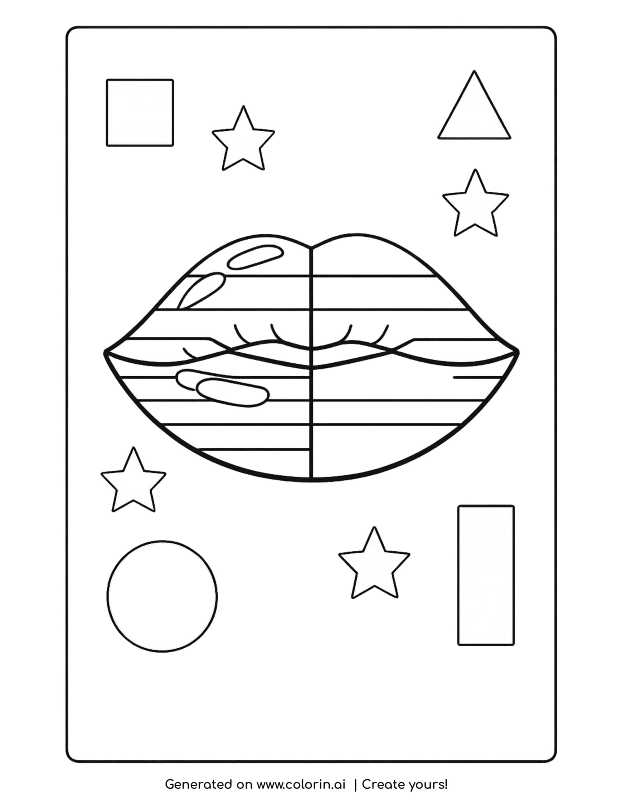 lips with glossy matte split and shapes coloring page with stars and geometric elements